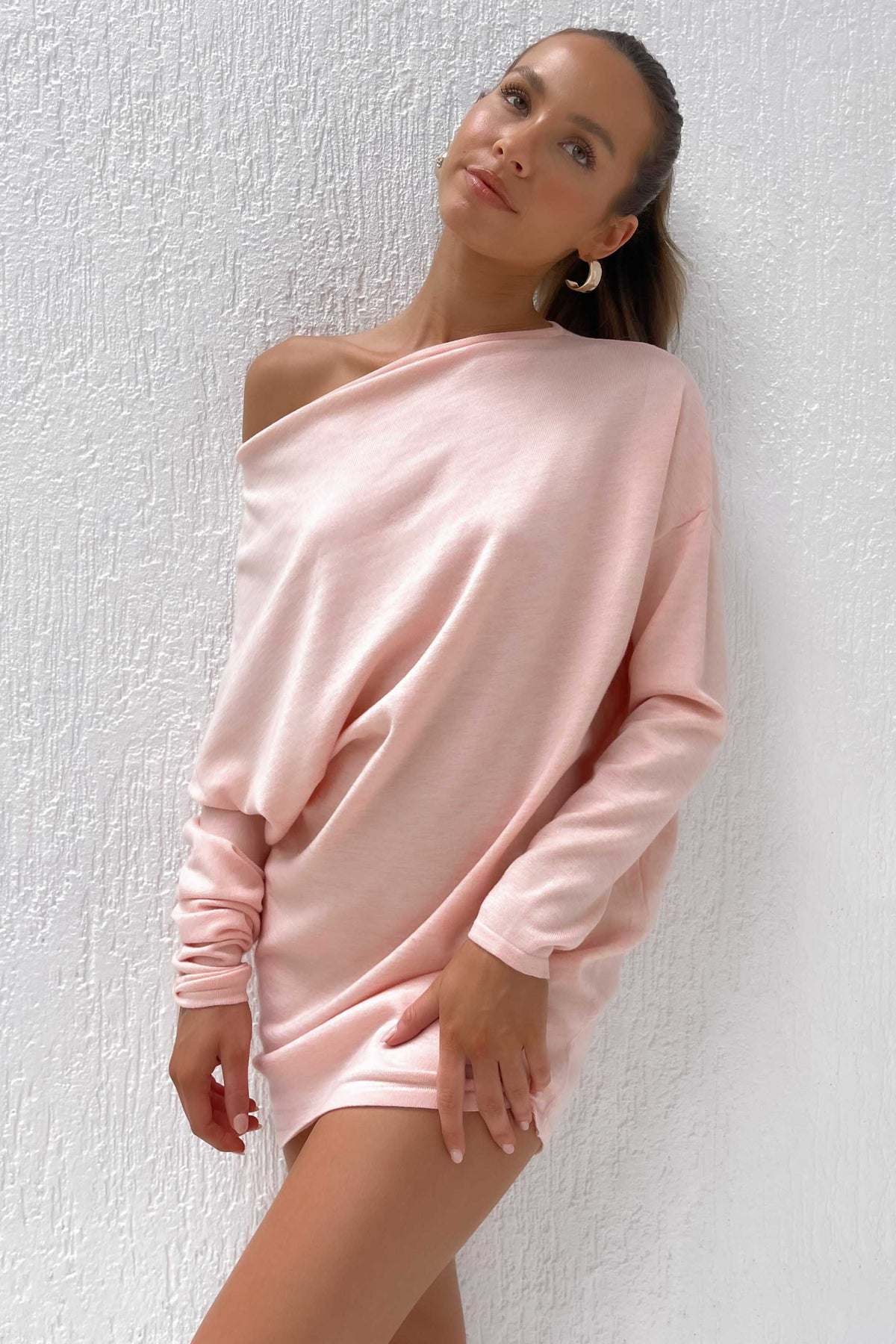 Joelie Dress, ACRYLIC AND WOOL, BAGGY, BASICS, DRESS, DRESSES, JUMPER, KNIT, LONG SLEEVE, new arrivals, OFF SHOULDER, PINK, WOOL &amp; ACRYLIC, WOOL AND ACRYLIC, , -MISHKAH