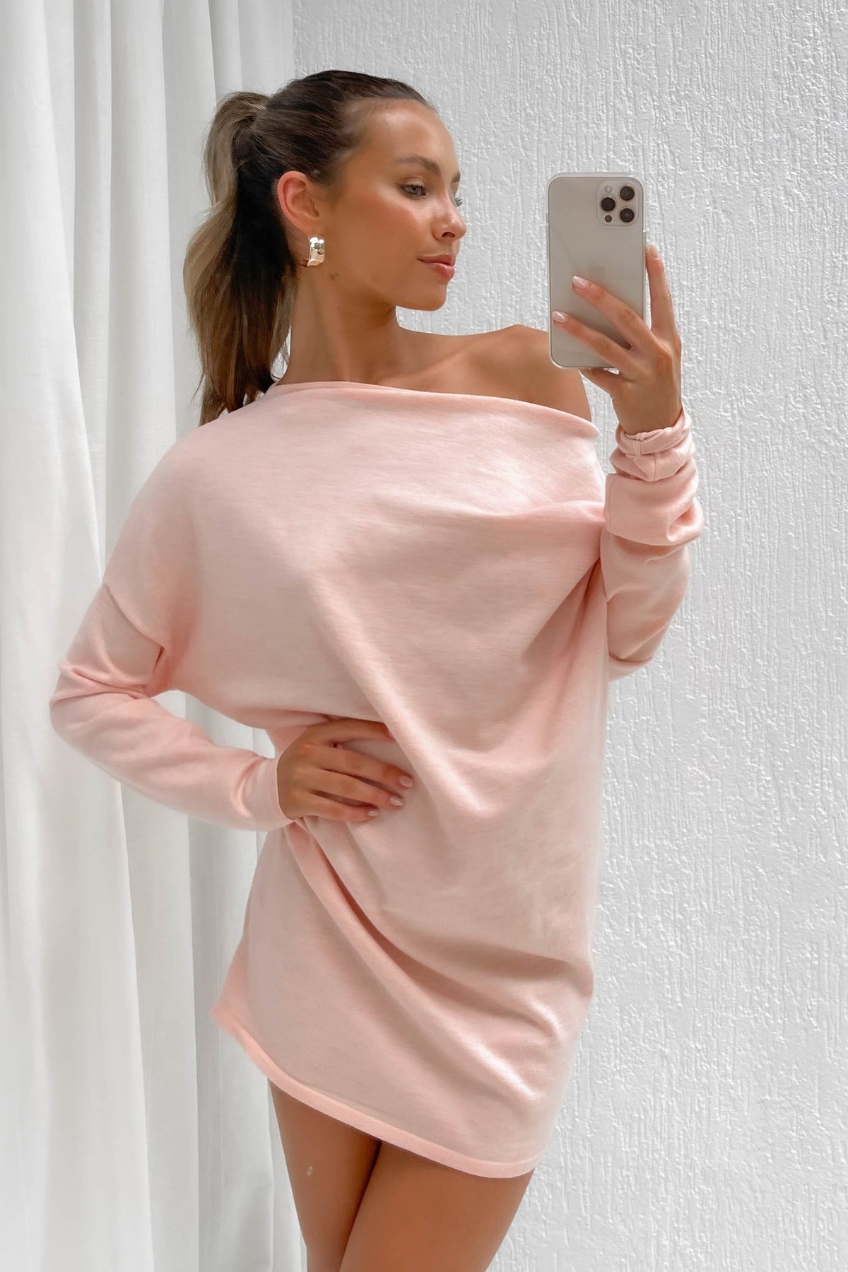 Joelie Dress, ACRYLIC AND WOOL, BAGGY, BASICS, DRESS, DRESSES, JUMPER, KNIT, LONG SLEEVE, new arrivals, OFF SHOULDER, PINK, WOOL &amp; ACRYLIC, WOOL AND ACRYLIC, , -MISHKAH