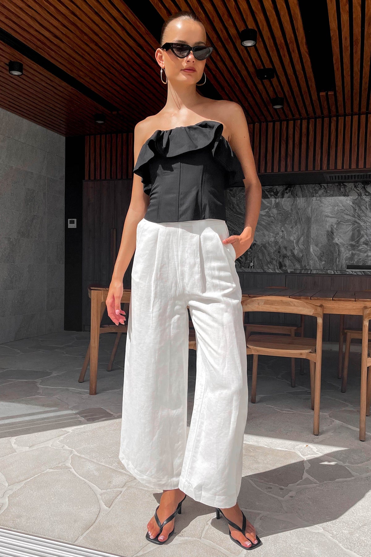 Kacie Pants, BOTTOMS, HIGH WAISTED, HIGH WAISTED PANTS, LINEN &amp; POLYESTER, LINEN AND POLYESTER, new arrivals, PANTS, POLYESTER AND LINEN, WHITE, WIDE LEG, , -MISHKAH