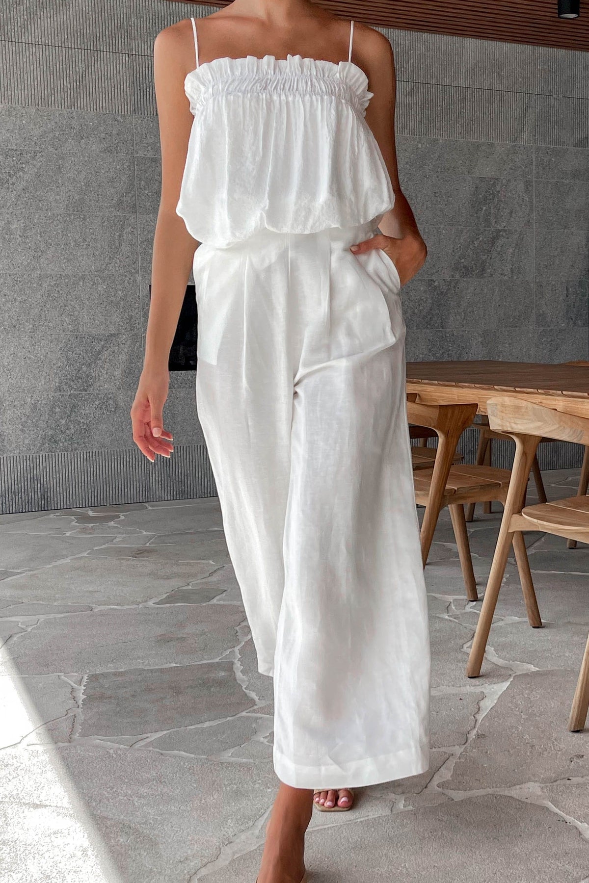 Kacie Pants, BOTTOMS, HIGH WAISTED, HIGH WAISTED PANTS, LINEN &amp; POLYESTER, LINEN AND POLYESTER, new arrivals, PANTS, POLYESTER AND LINEN, WHITE, WIDE LEG, , -MISHKAH