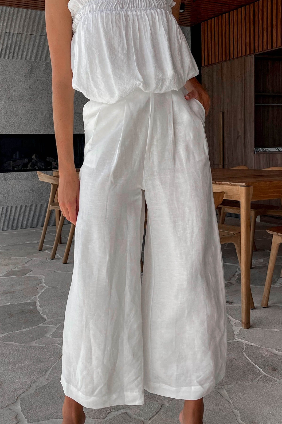 Kacie Pants, BOTTOMS, HIGH WAISTED, HIGH WAISTED PANTS, LINEN &amp; POLYESTER, LINEN AND POLYESTER, new arrivals, PANTS, POLYESTER AND LINEN, WHITE, WIDE LEG, , -MISHKAH