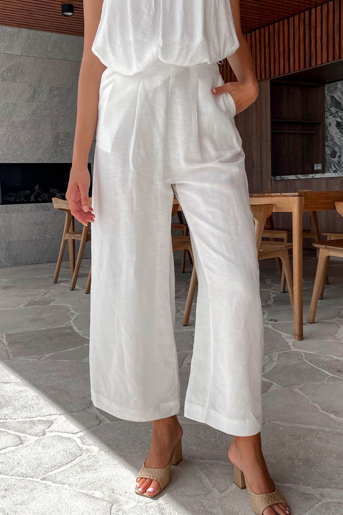Kacie Pants, BOTTOMS, HIGH WAISTED, HIGH WAISTED PANTS, LINEN &amp; POLYESTER, LINEN AND POLYESTER, new arrivals, PANTS, POLYESTER AND LINEN, WHITE, WIDE LEG, , -MISHKAH