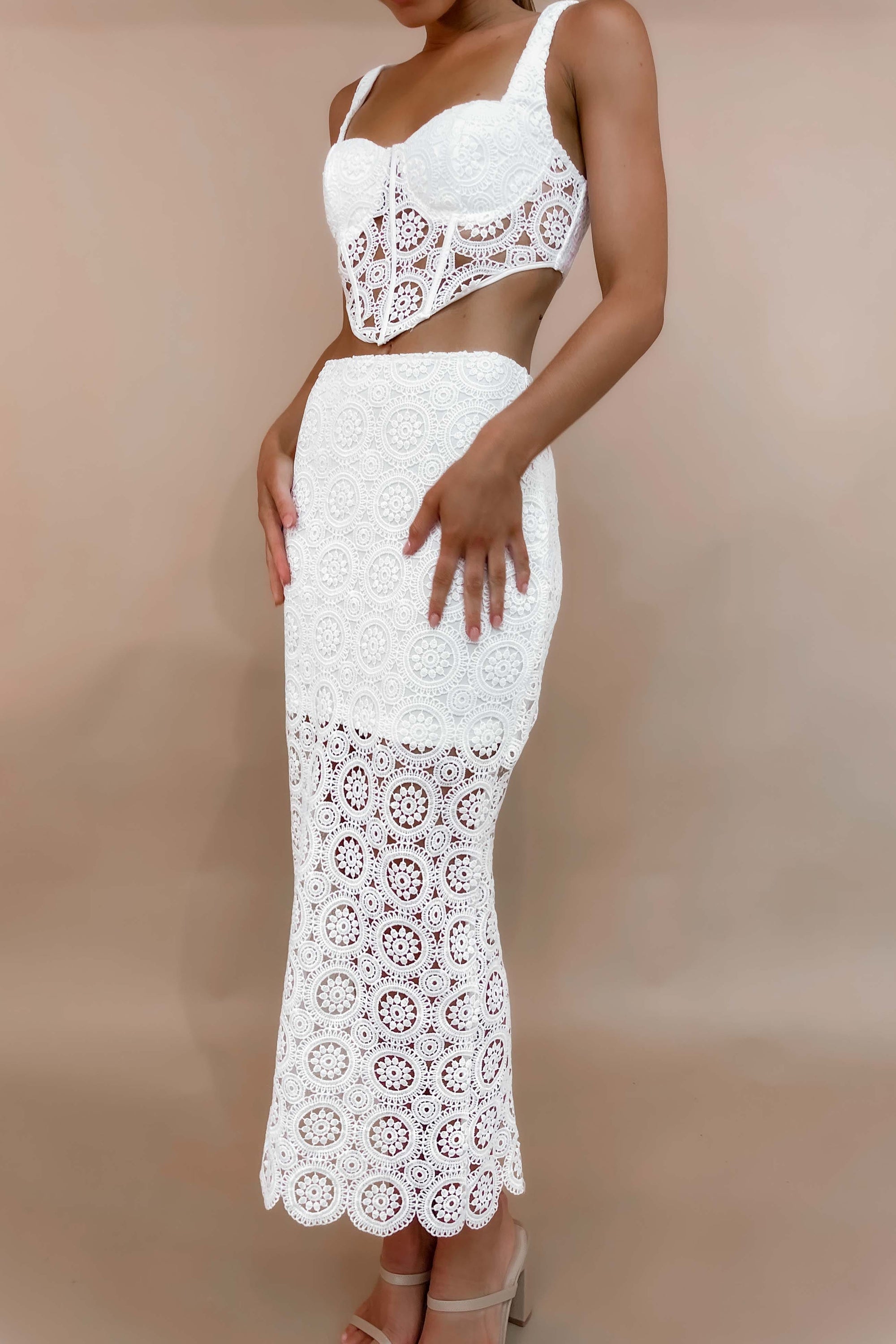 Kalista Skirt, BOTTOMS, MAXI SKIRT, MIDI SKIRT, new arrivals, POLYESTER & SPANDEX, POLYESTER AND SPANDEX, SKIRTS, SPANDEX AND POLYESTER, WHITE, , -MISHKAH