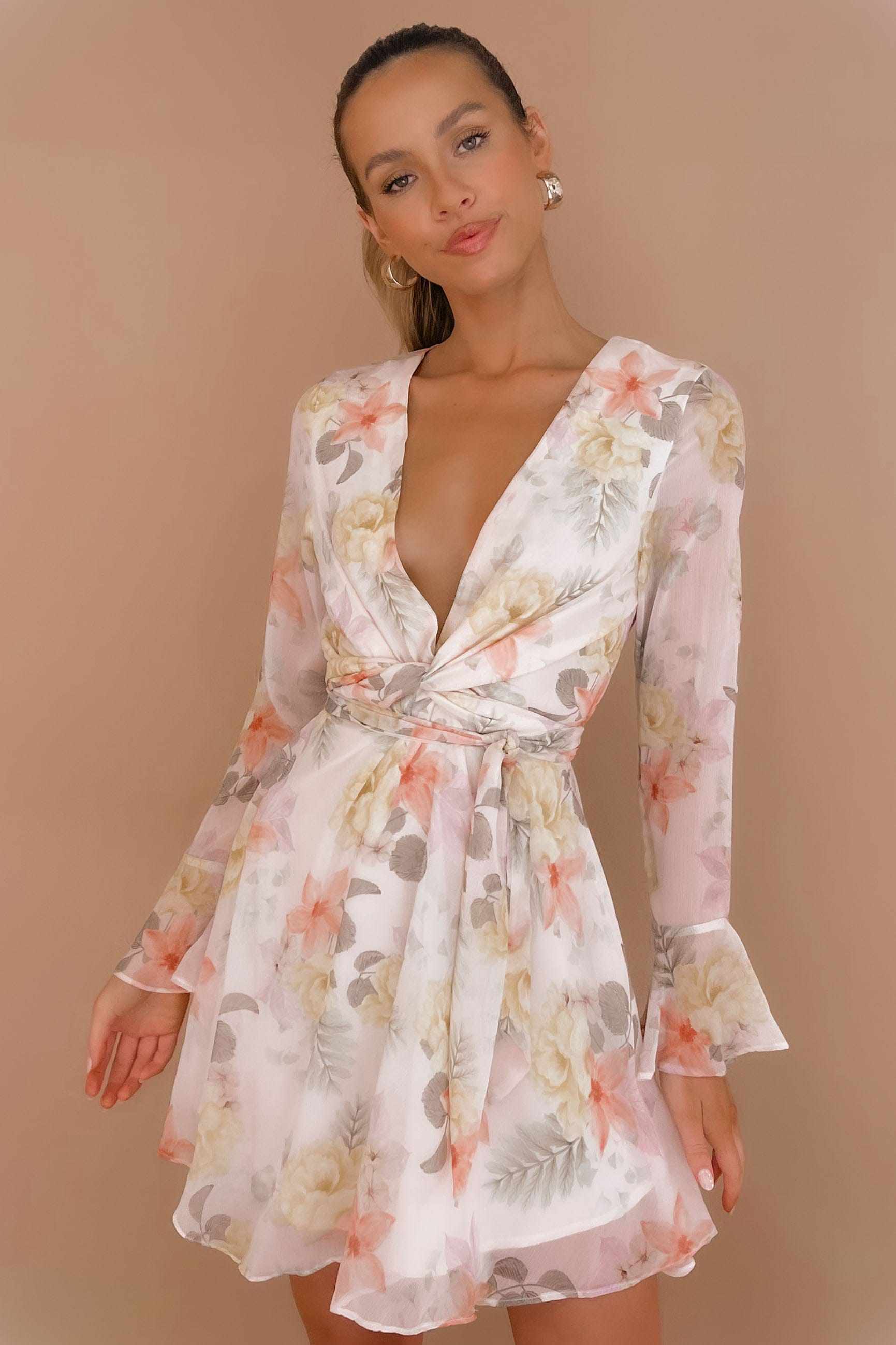 White floral chiffon double clearance tier plunge skater dress