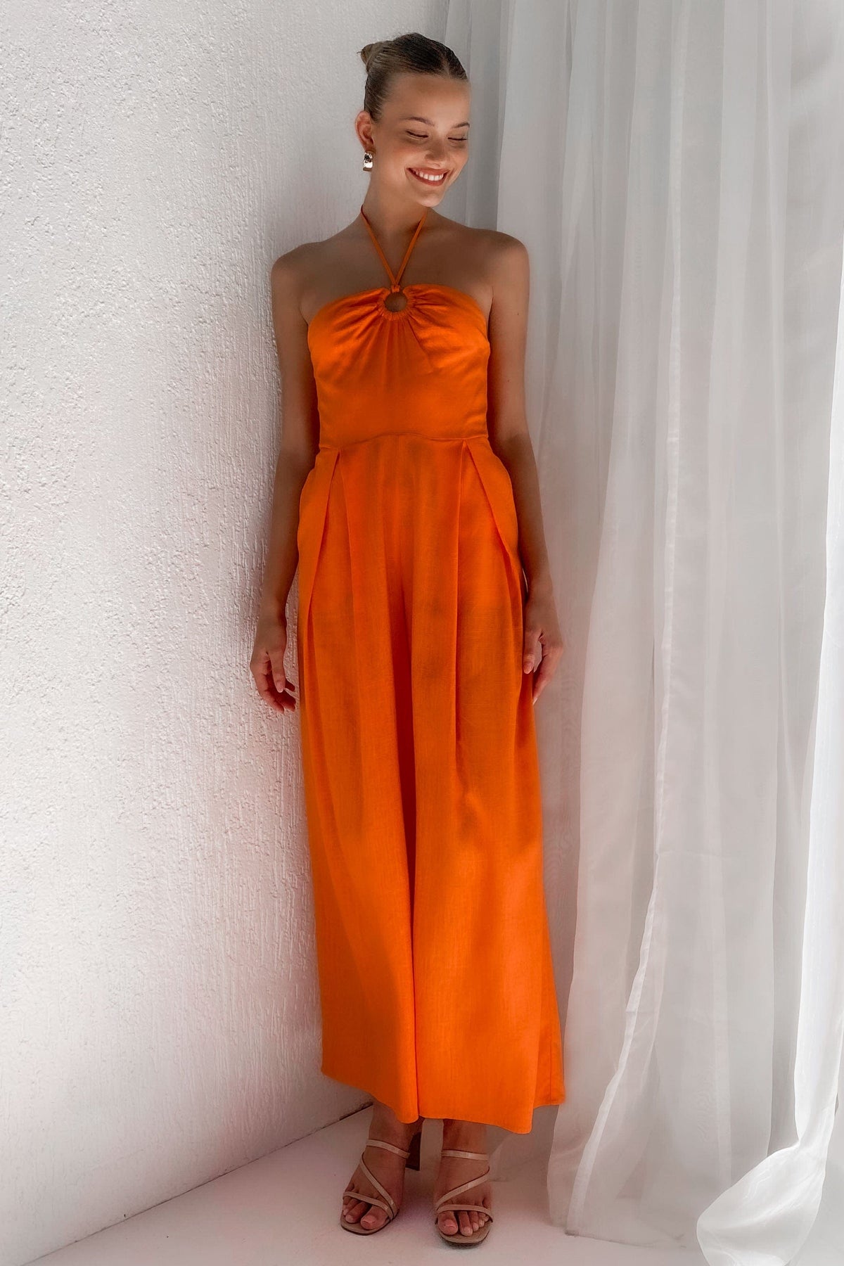 Kammie Jumpsuit, JUMPSUIT, JUMPSUITS, LINEN &amp; VISCOSE, LINEN AND VISCOSE, new arrivals, ORANGE, VISCOSE AND LINEN, , -MISHKAH