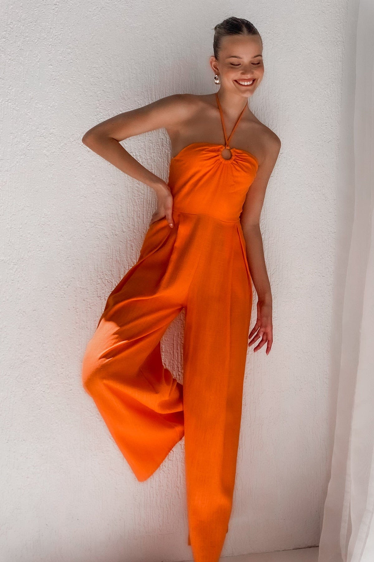 Kammie Jumpsuit, JUMPSUIT, JUMPSUITS, LINEN &amp; VISCOSE, LINEN AND VISCOSE, new arrivals, ORANGE, VISCOSE AND LINEN, , -MISHKAH