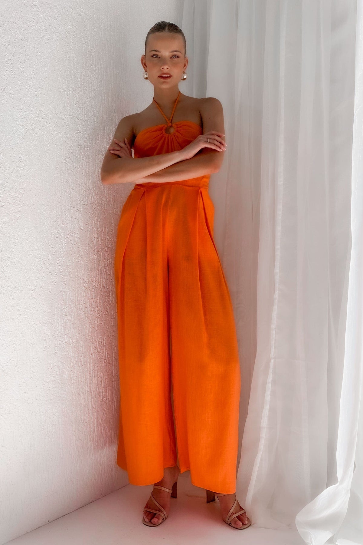 Kammie Jumpsuit, JUMPSUIT, JUMPSUITS, LINEN &amp; VISCOSE, LINEN AND VISCOSE, new arrivals, ORANGE, VISCOSE AND LINEN, , -MISHKAH