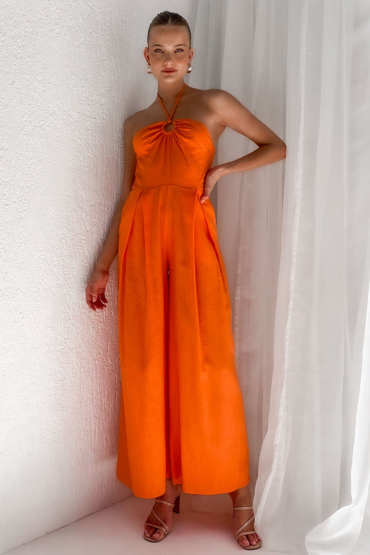 Kammie Jumpsuit, JUMPSUIT, JUMPSUITS, LINEN &amp; VISCOSE, LINEN AND VISCOSE, new arrivals, ORANGE, VISCOSE AND LINEN, , -MISHKAH