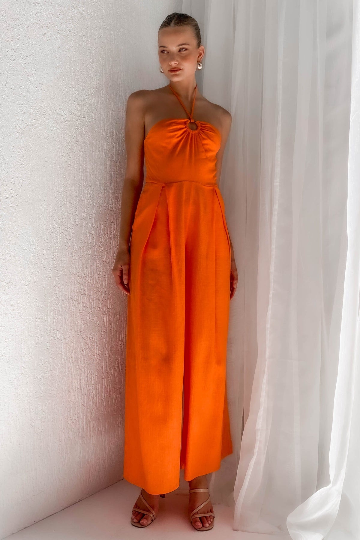 Kammie Jumpsuit, JUMPSUIT, JUMPSUITS, LINEN &amp; VISCOSE, LINEN AND VISCOSE, new arrivals, ORANGE, VISCOSE AND LINEN, , -MISHKAH