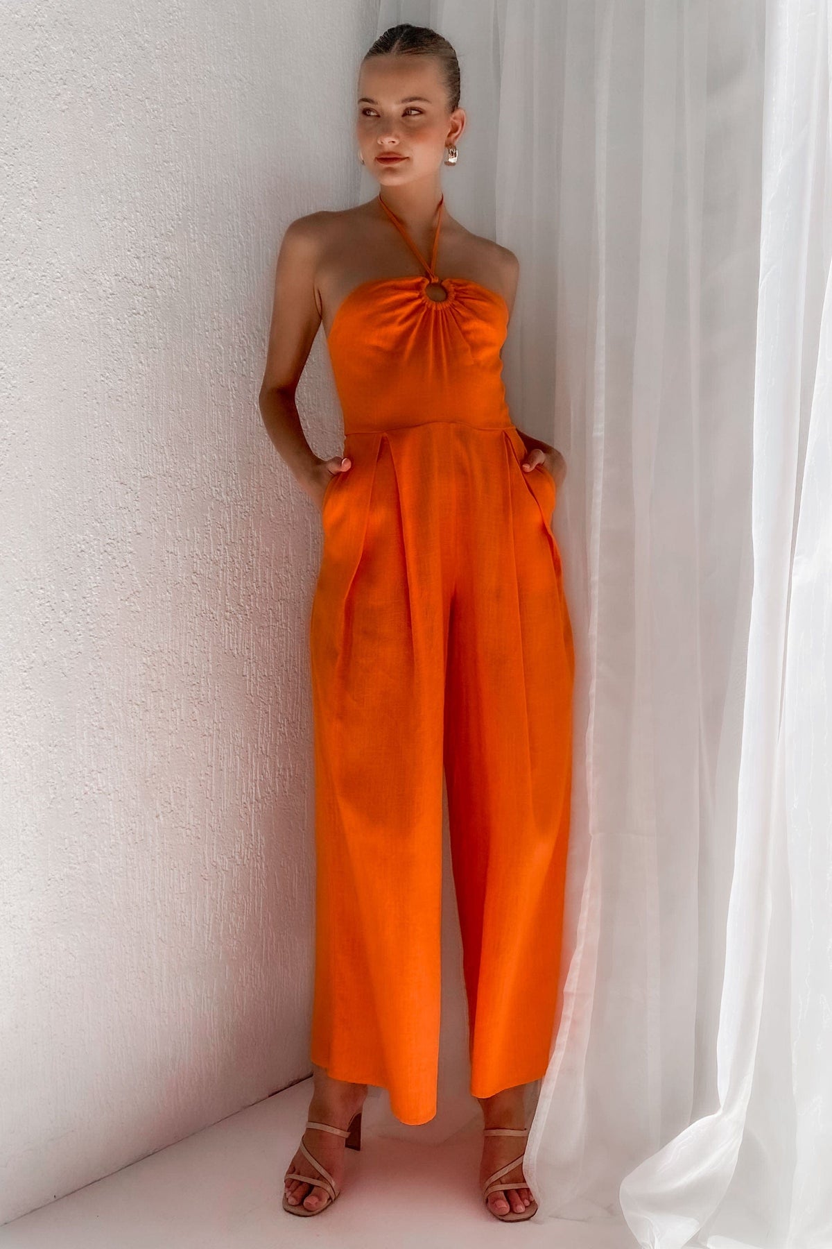 Kammie Jumpsuit, JUMPSUIT, JUMPSUITS, LINEN &amp; VISCOSE, LINEN AND VISCOSE, new arrivals, ORANGE, VISCOSE AND LINEN, , -MISHKAH