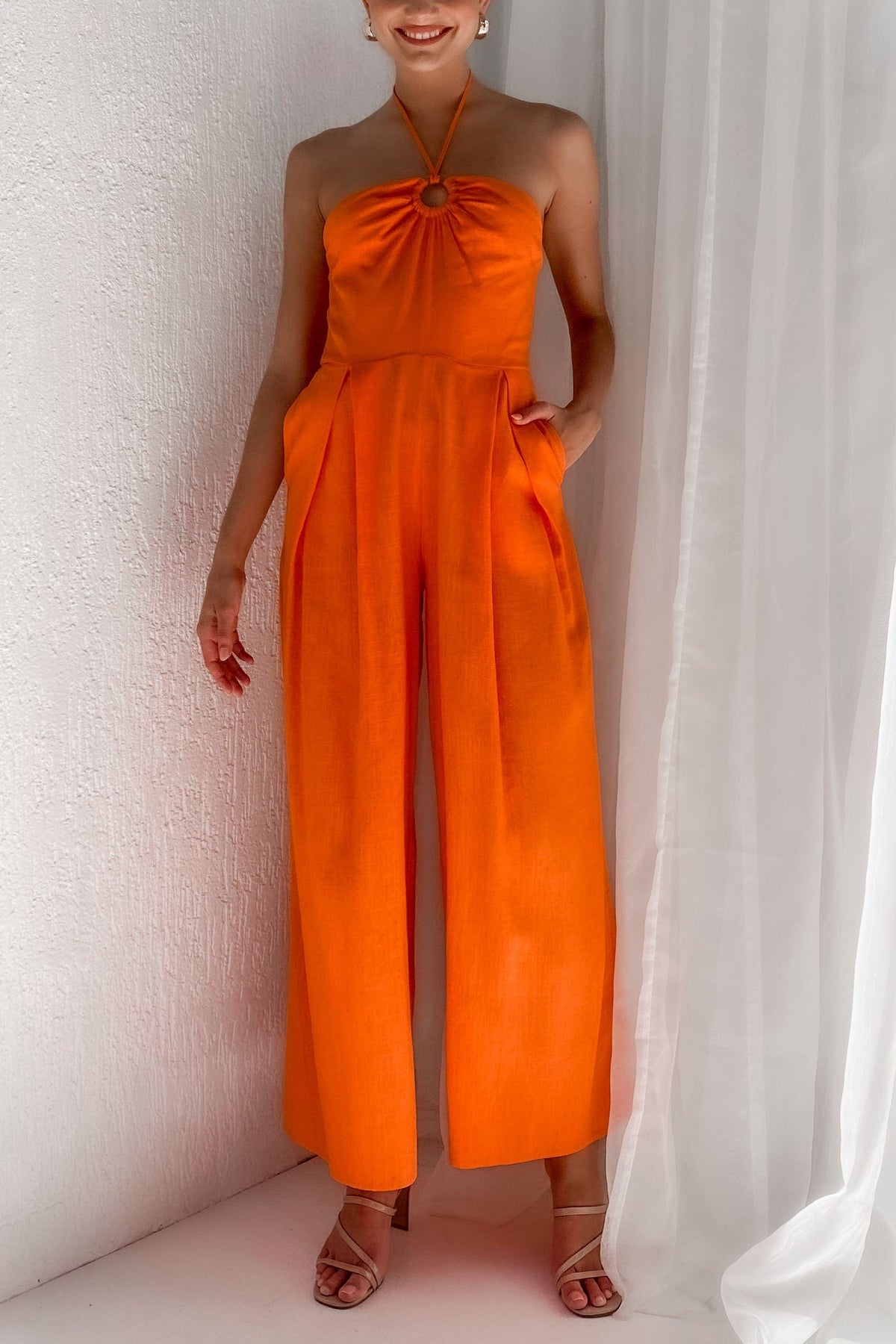 Kammie Jumpsuit, JUMPSUIT, JUMPSUITS, LINEN &amp; VISCOSE, LINEN AND VISCOSE, new arrivals, ORANGE, VISCOSE AND LINEN, , -MISHKAH