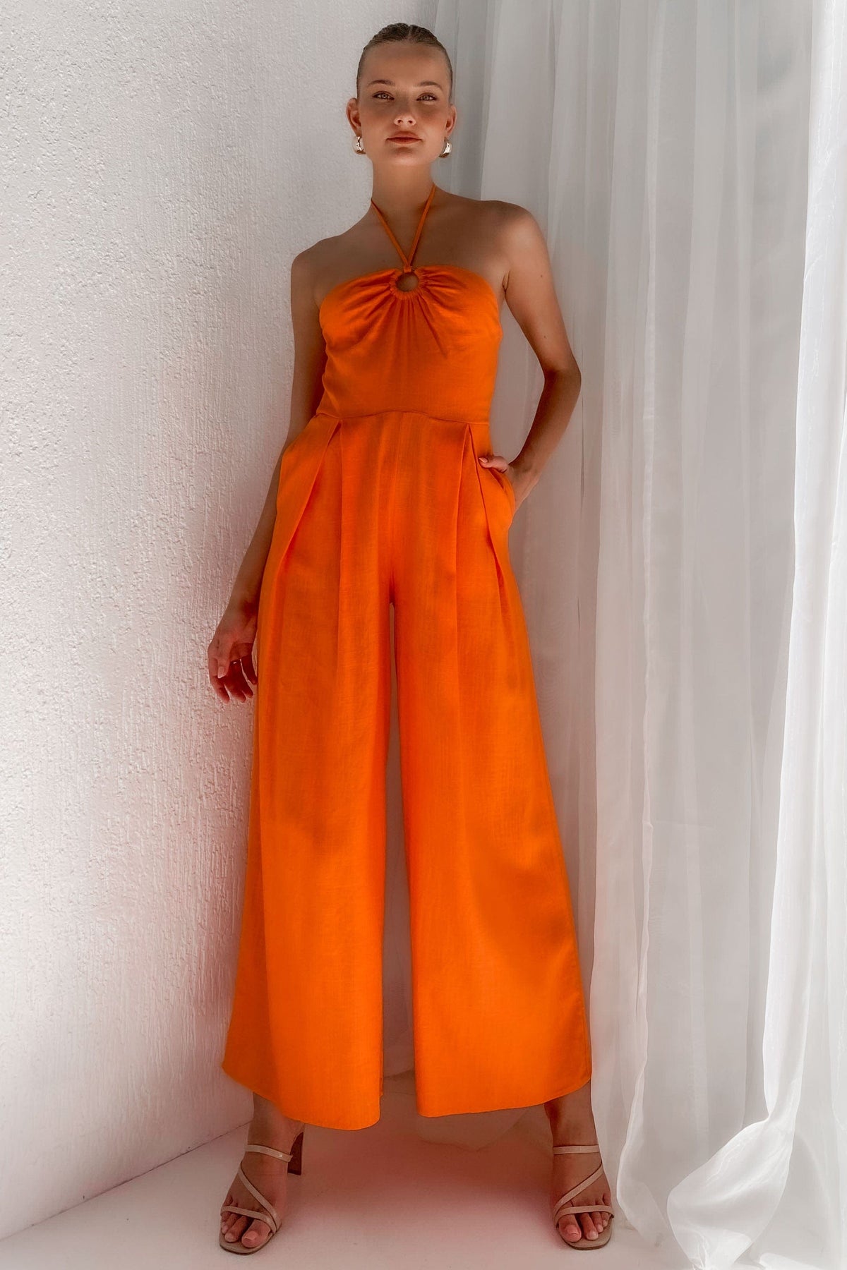 Kammie Jumpsuit, JUMPSUIT, JUMPSUITS, LINEN &amp; VISCOSE, LINEN AND VISCOSE, new arrivals, ORANGE, VISCOSE AND LINEN, , -MISHKAH