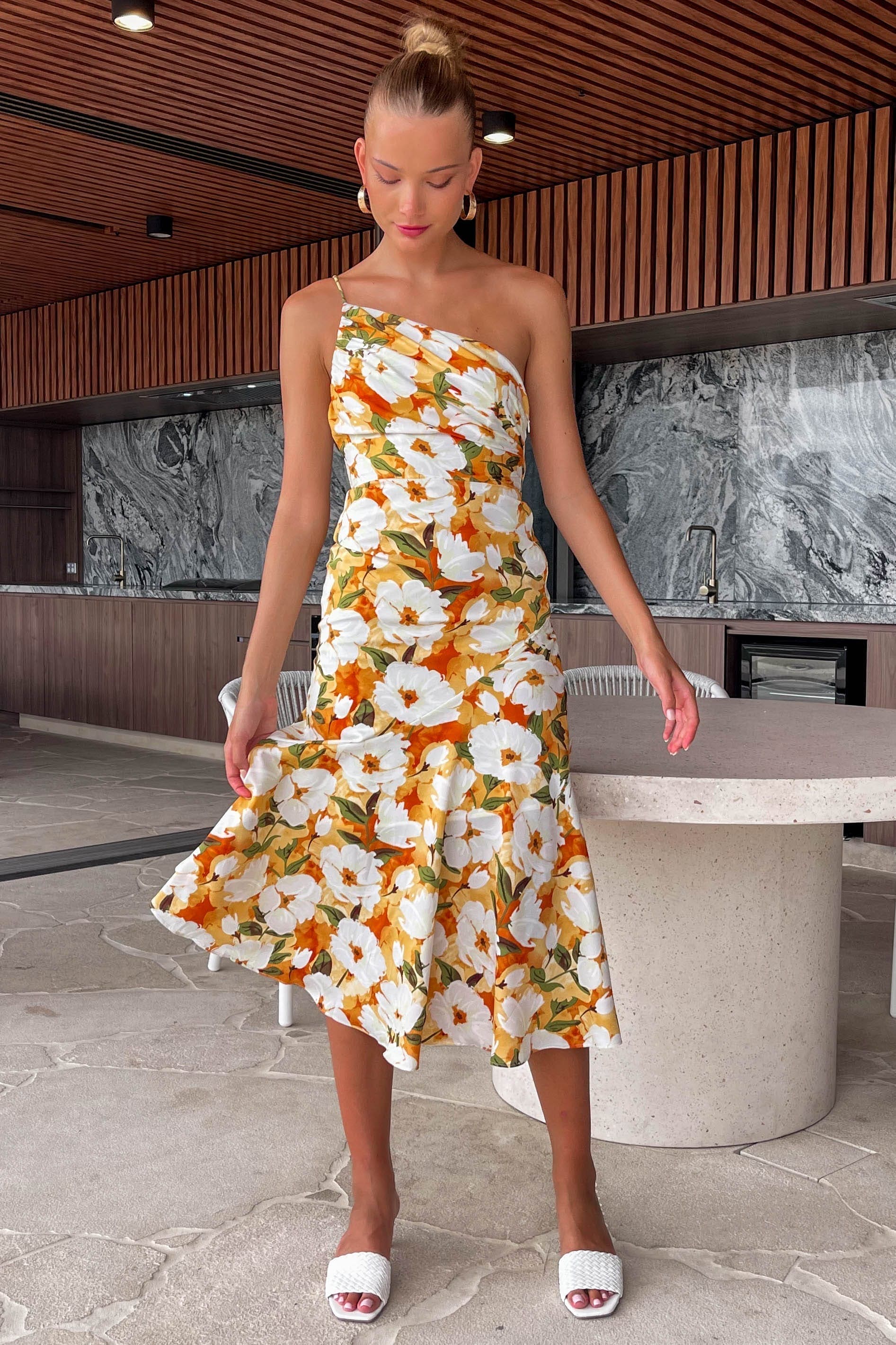 Keanie Dress, DRESS, DRESSES, FLORAL, FLORALS, MIDI DRESS, new arrivals, ONE SHOULDER, ORANGE, POLYESTER, , -MISHKAH