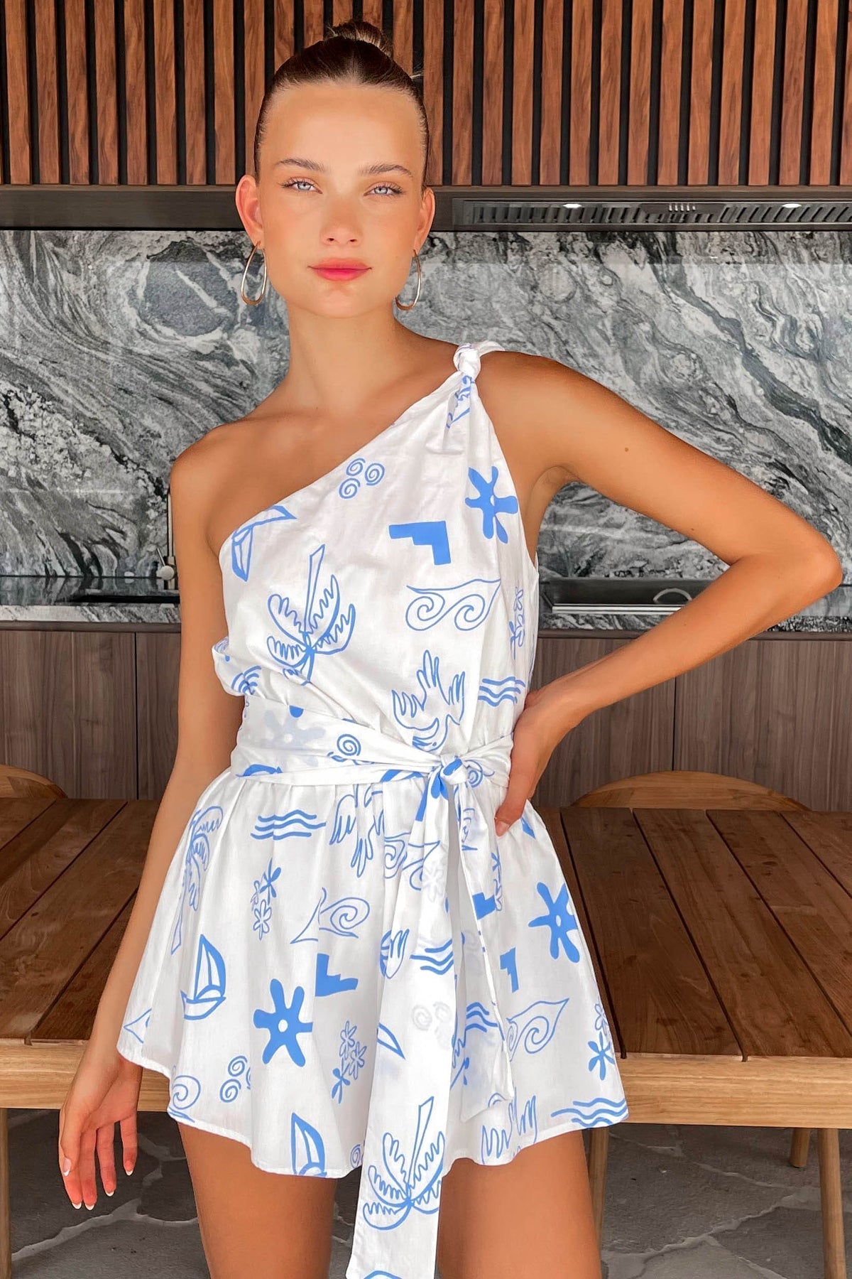 Klaire Playsuit, BLUE, COTTON &amp; POLYESTER, COTTON AND POLYESTER, new arrivals, ONE SHOULDER, PLAYSUIT, PLAYSUITS, POLYESTER AND COTTON, WAIST TIE, , -MISHKAH