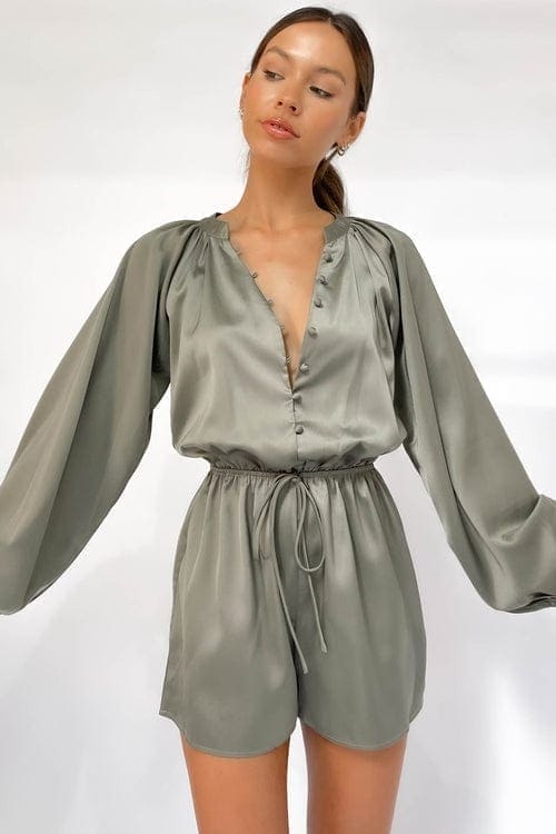 Korie Playsuit, BALLOON SLEEVE, GREEN, NEW ARRIVALS, PLAYSUIT, PLAYSUITS, POLYESTER &amp; ELASTANE, POLYESTER AND ELASTANE, , -MISHKAH