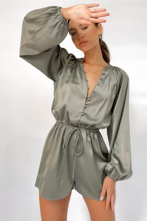Korie Playsuit, BALLOON SLEEVE, GREEN, NEW ARRIVALS, PLAYSUIT, PLAYSUITS, POLYESTER &amp; ELASTANE, POLYESTER AND ELASTANE, , -MISHKAH