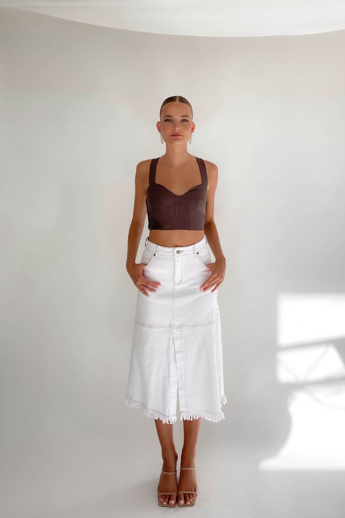 Korri Skirt, BOTTOMS, COTTON AND POLYESTER AND SPANDEX, MIDI SKIRT, new arrivals, POLYESTER AND COTTON AND SPANDEX, SKIRTS, WHITE, , -MISHKAH