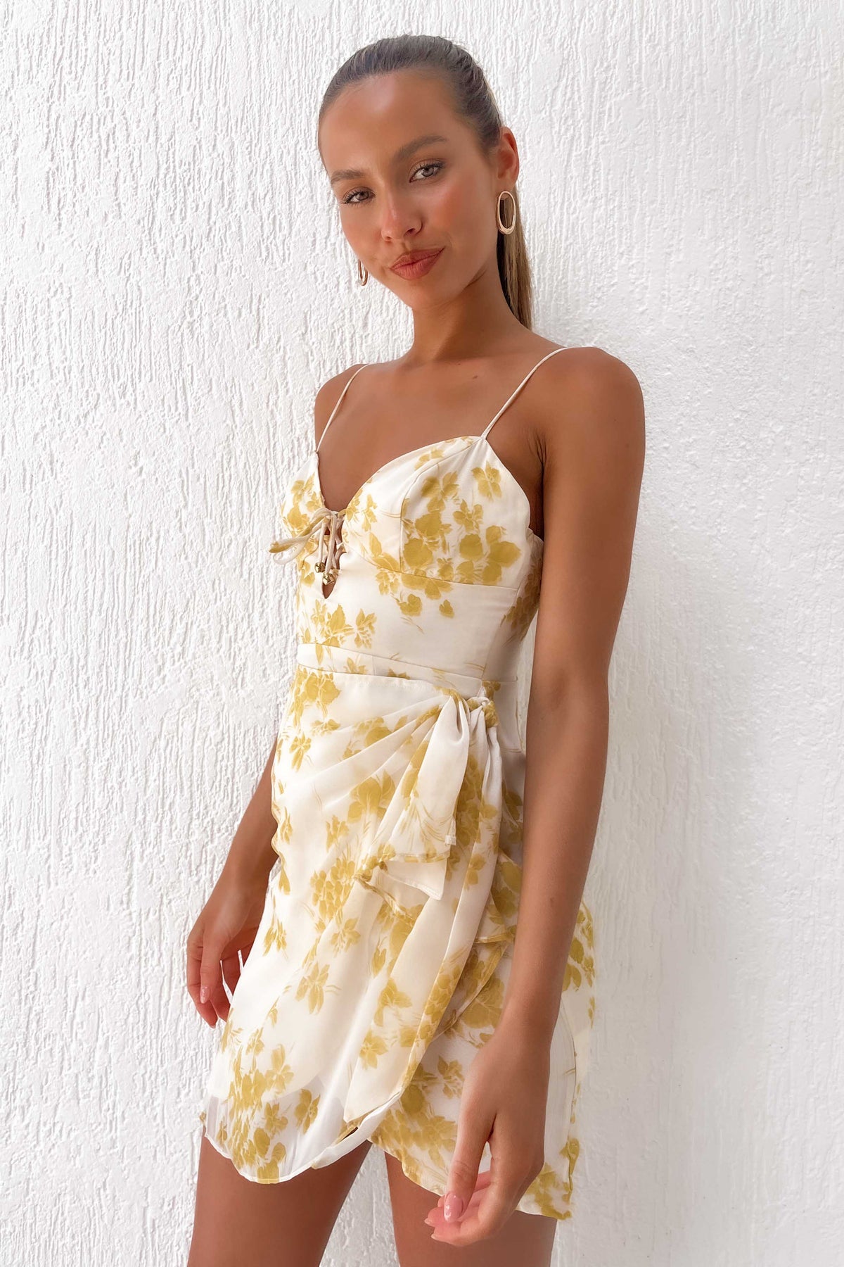 Lahney Dress, DRESS, DRESSES, FLORAL, FLORALS, MINI DRESS, new arrivals, POLYESTER, RUFFLE, RUFFLES, YELLOW, , -MISHKAH