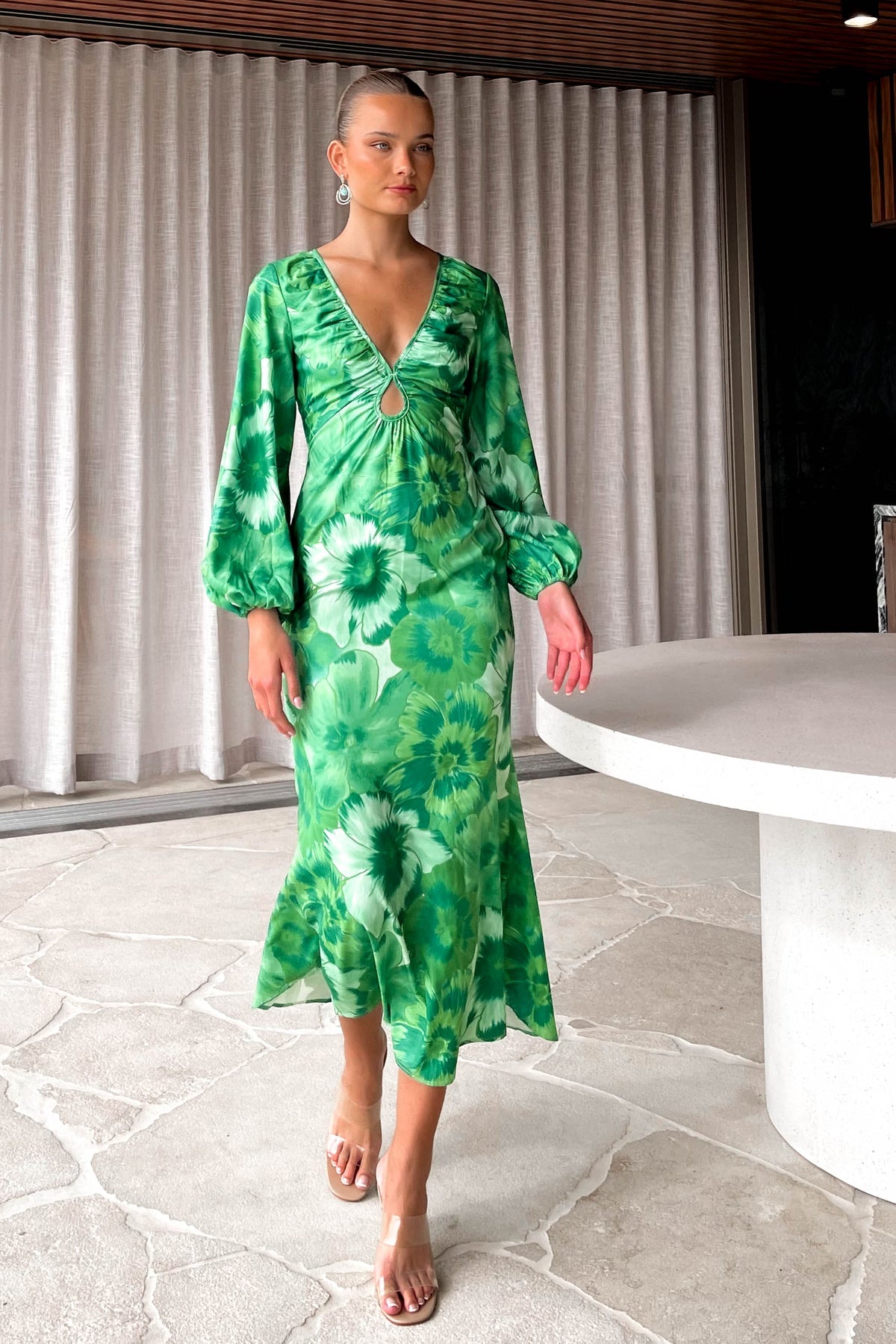 Laurina Dress, DRESS, DRESSES, GREEN, LONG SLEEVE, MAXI DRESS, new arrivals, PATTERN, POLYESTER, , -MISHKAH