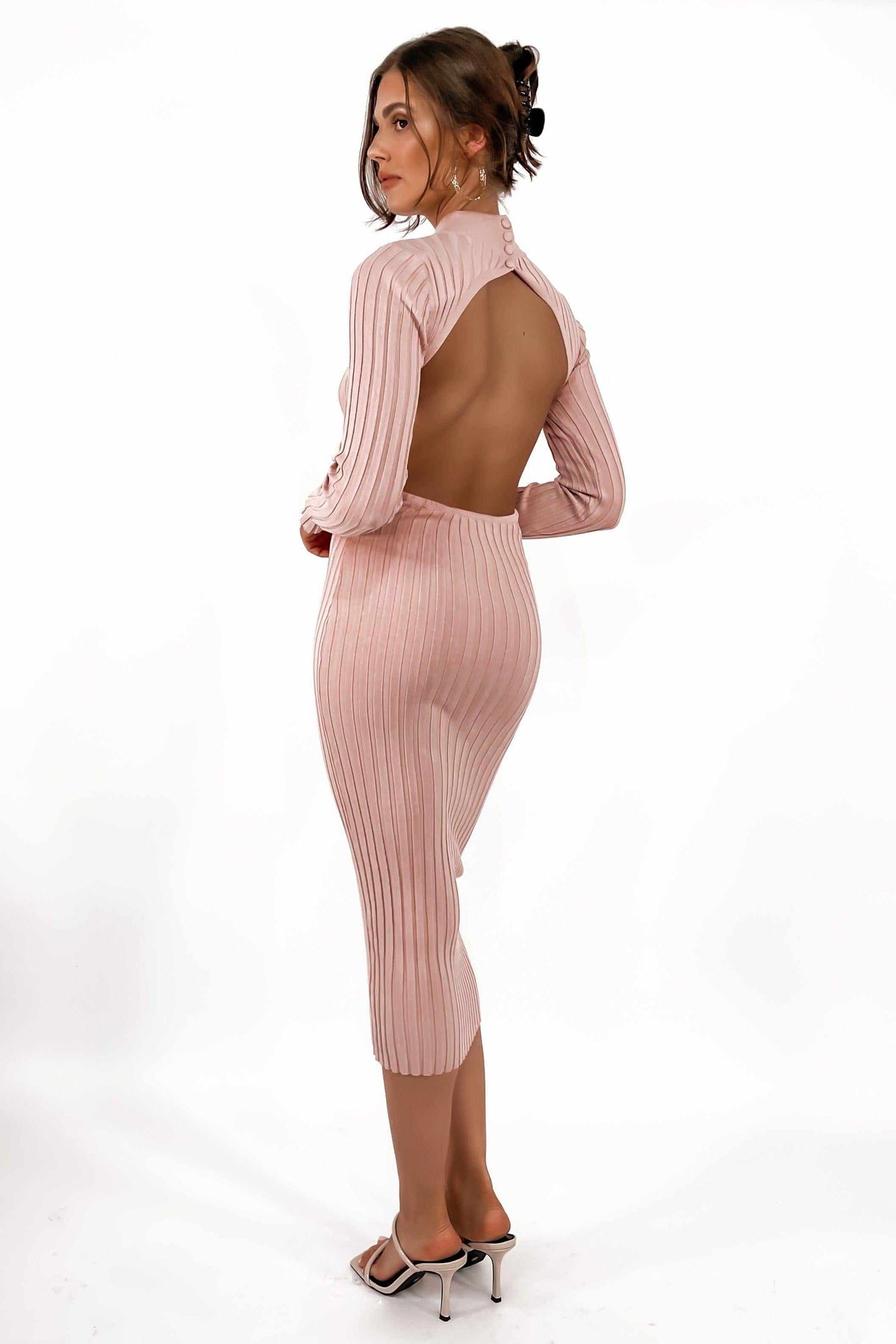 Leigh Dress, DRESS, DRESSES, HIGH NECK, LONG SLEEVE, MIDI DRESS, NYLON, OPEN BACK, PINK, RIBBED, SALE, VISCOSE, Leigh Dress only $69.00 @ MISHKAH ONLINE FASHION BOUTIQUE, Shop The Latest Women&#39;s Dresses - Our New Leigh Dress is only $69.00, @ MISHKAH ONLINE FASHION BOUTIQUE-MISHKAH