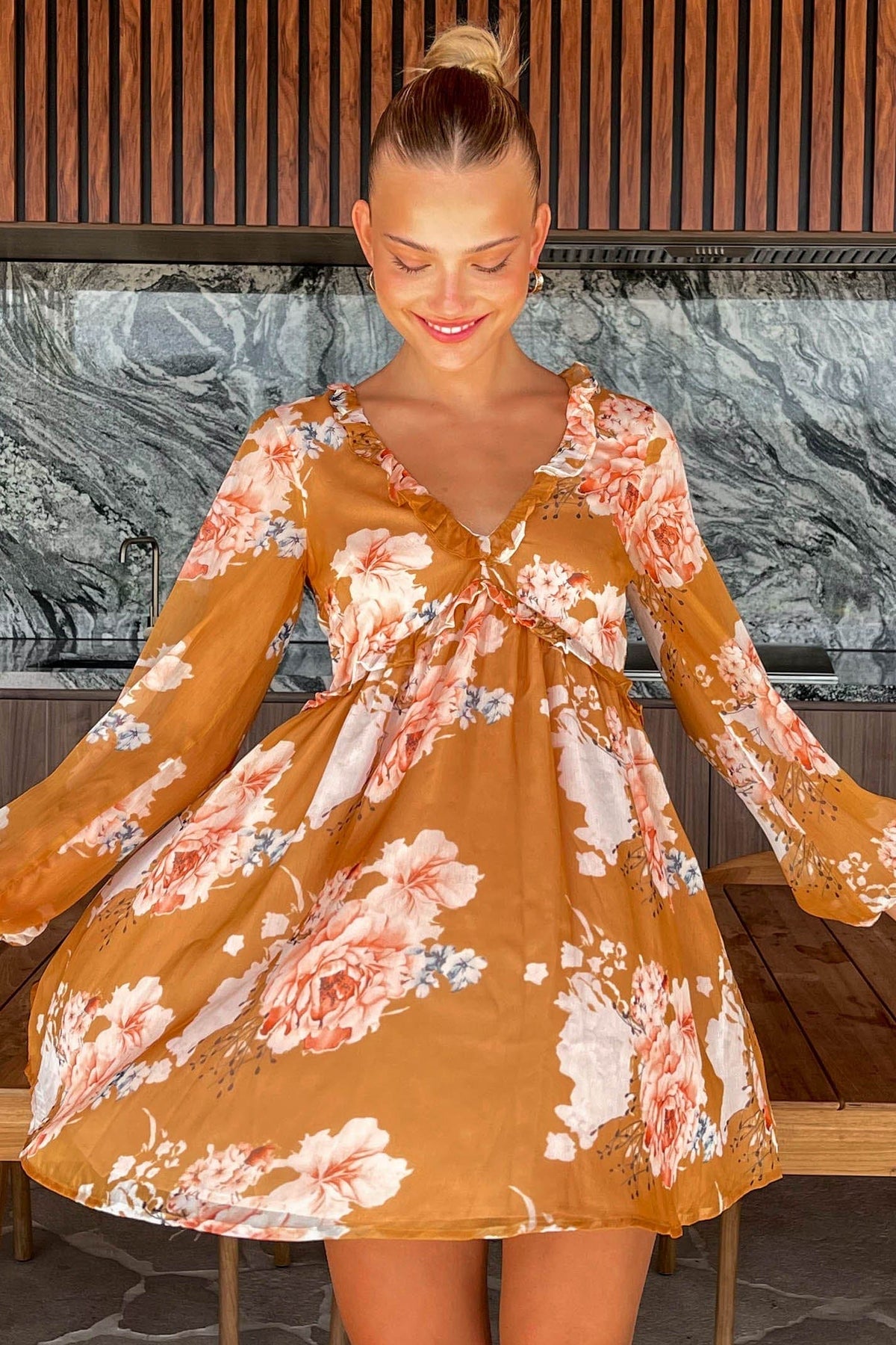 Leivi Dress, DRESS, DRESSES, FLORAL, LONG SLEEVE, MINI DRESS, new arrivals, ORANGE, POLYESTER, VINTAGE, , -MISHKAH