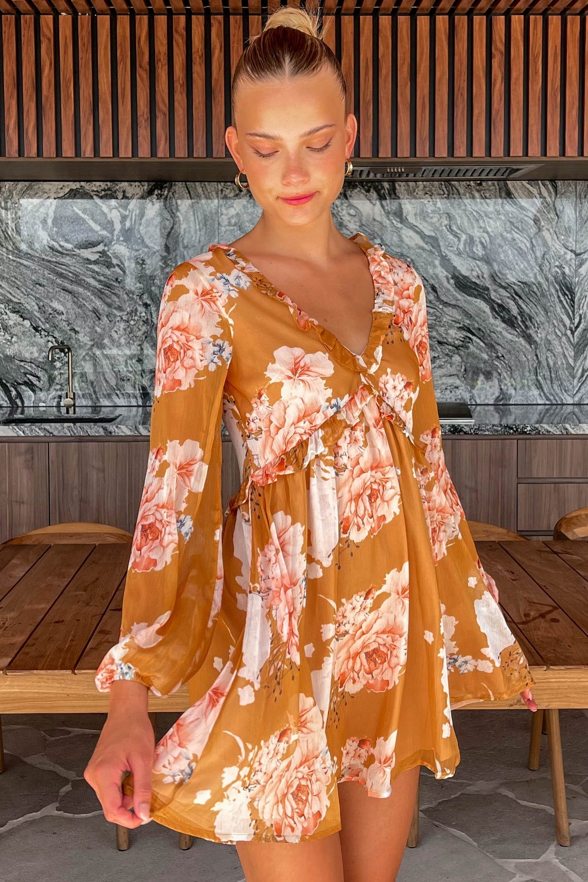 Leivi Dress, DRESS, DRESSES, FLORAL, LONG SLEEVE, MINI DRESS, new arrivals, ORANGE, POLYESTER, VINTAGE, , -MISHKAH