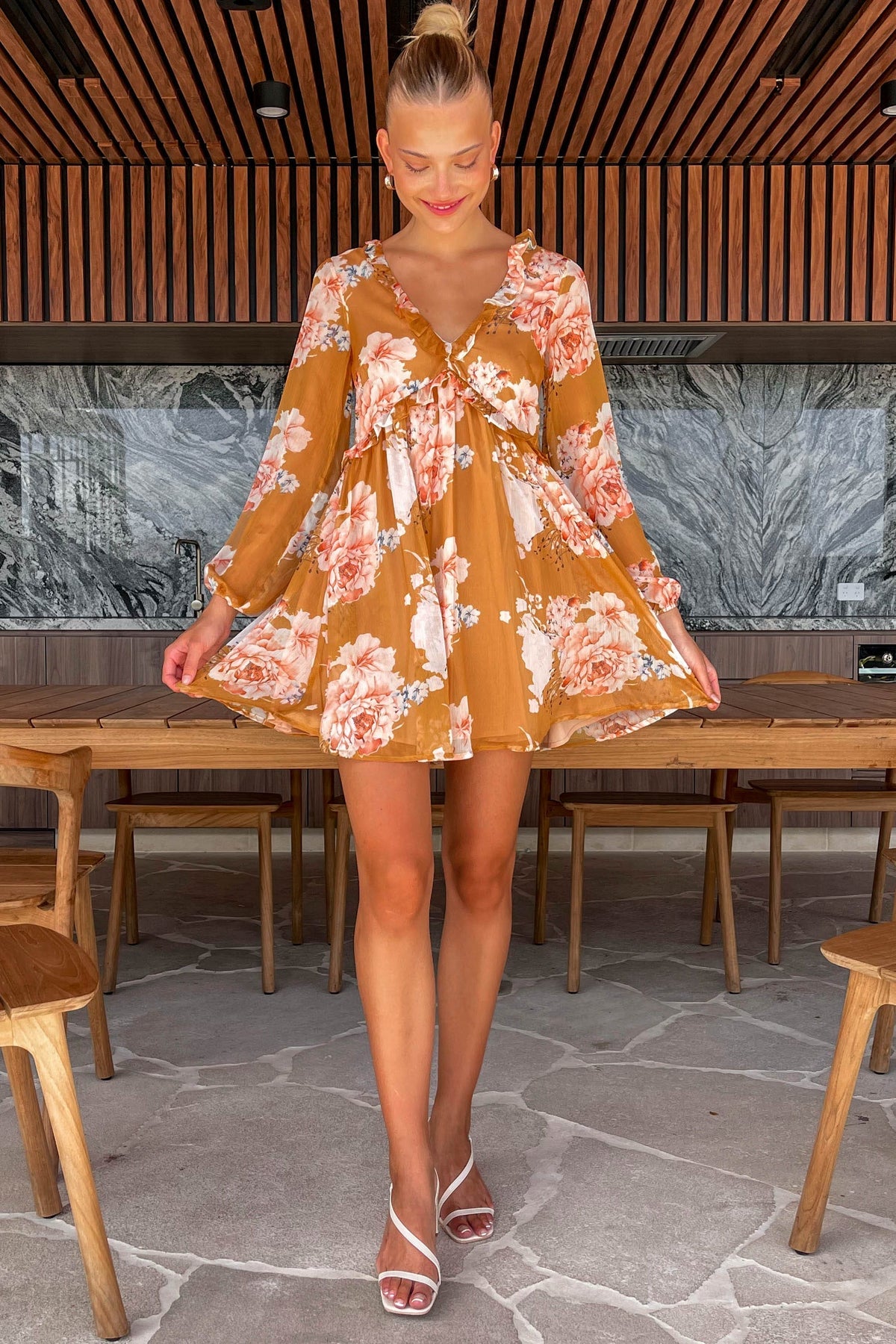 Leivi Dress, DRESS, DRESSES, FLORAL, LONG SLEEVE, MINI DRESS, new arrivals, ORANGE, POLYESTER, VINTAGE, , -MISHKAH