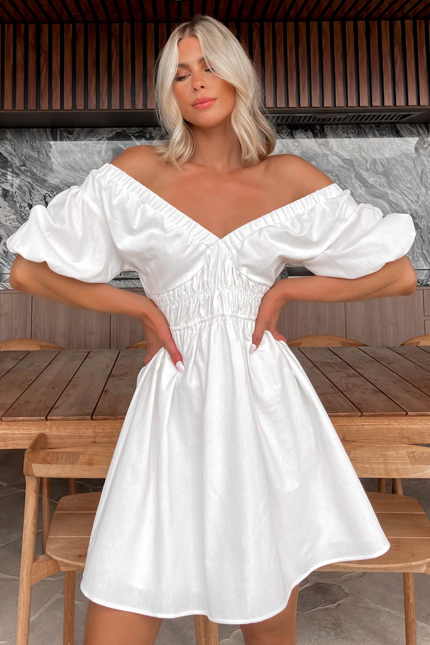 Logane Dress, BALLOON SLEEVE, DRESS, DRESSES, LONG SLEEVE, MINI DRESS, new arrivals, OFF SHOULDER, VISCOSE & LINEN & COTTON & POLYESTER, VISCOSE AND LINEN AND COTTON AND POLYESTER, WHITE, , -MISHKAH