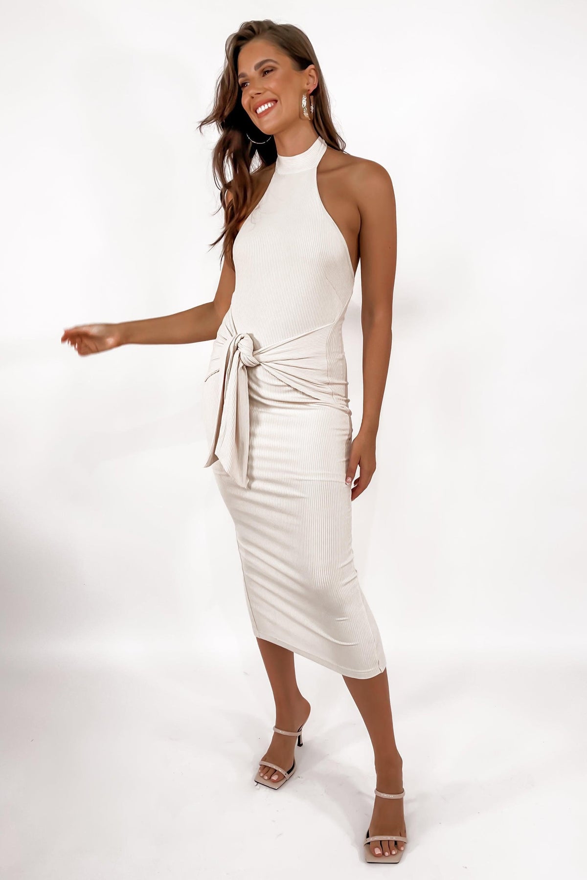 Loryn Dress, BEIGE, BODYCON, DRESS, DRESSES, GREY, HALTER DRESS, MIDI DRESS, OPEN BACK, POLYESTER, RIBBED, SALE, SPANDEX, WAIST TIE, Loryn Dress only $76.00 @ MISHKAH ONLINE FASHION BOUTIQUE, Shop The Latest Women&#39;s Dresses - Our New Loryn Dress is only $76.00, @ MISHKAH ONLINE FASHION BOUTIQUE-MISHKAH