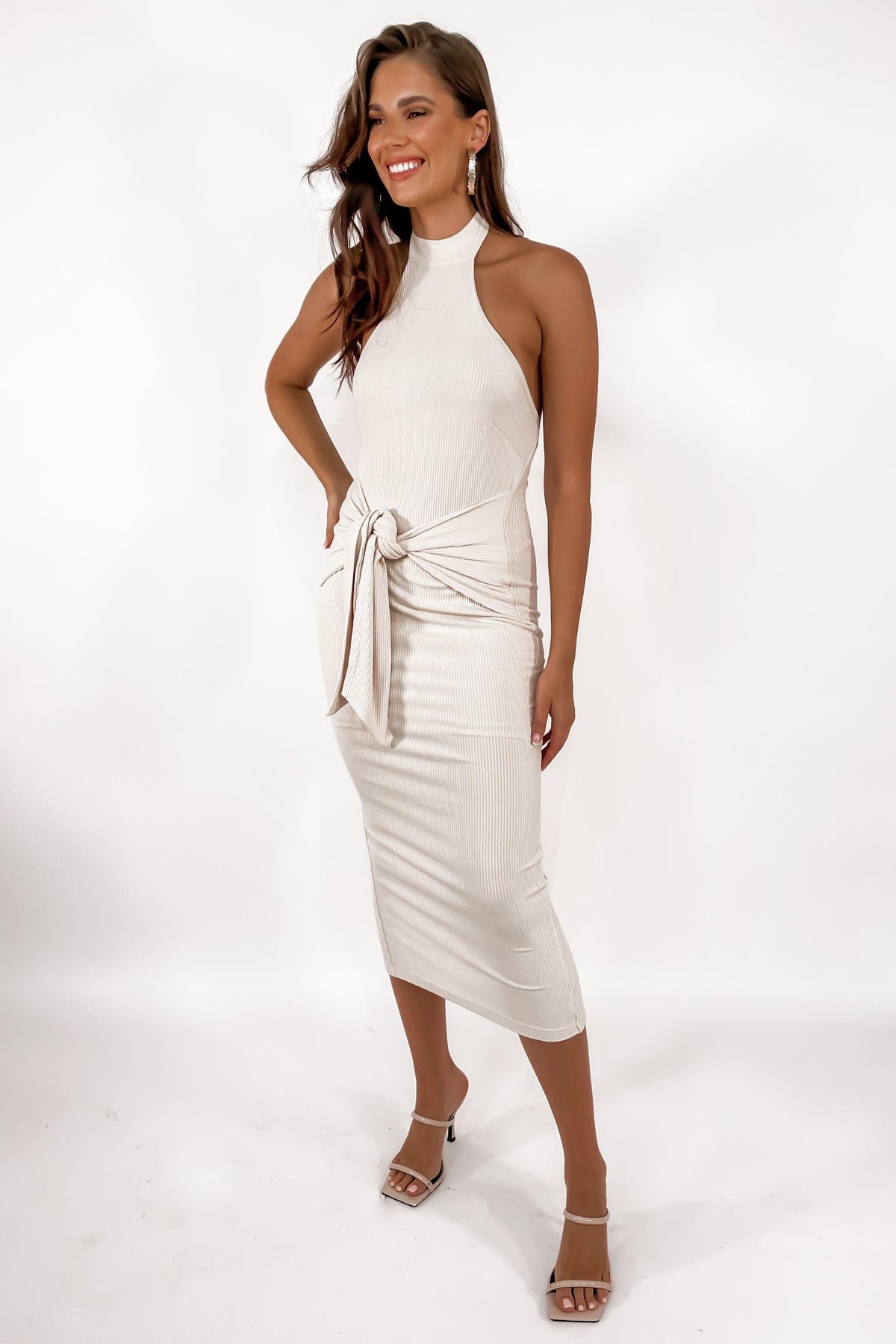 Loryn Dress, BEIGE, BODYCON, DRESS, DRESSES, GREY, HALTER DRESS, MIDI DRESS, OPEN BACK, POLYESTER, RIBBED, SALE, SPANDEX, WAIST TIE, Loryn Dress only $76.00 @ MISHKAH ONLINE FASHION BOUTIQUE, Shop The Latest Women&#39;s Dresses - Our New Loryn Dress is only $76.00, @ MISHKAH ONLINE FASHION BOUTIQUE-MISHKAH