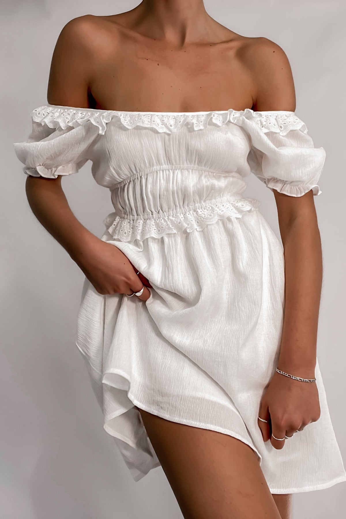 Lucile Dress, DRESS, DRESSES, ELASTIC, MINI DRESS, OFF SHOULDER, RUFFLE, VINTAGE, WHITE, Lucile Dress only $60.00 @ MISHKAH ONLINE FASHION BOUTIQUE, Shop The Latest Women&#39;s Dresses - Our New Lucile Dress is only $60.00, @ MISHKAH ONLINE FASHION BOUTIQUE-MISHKAH