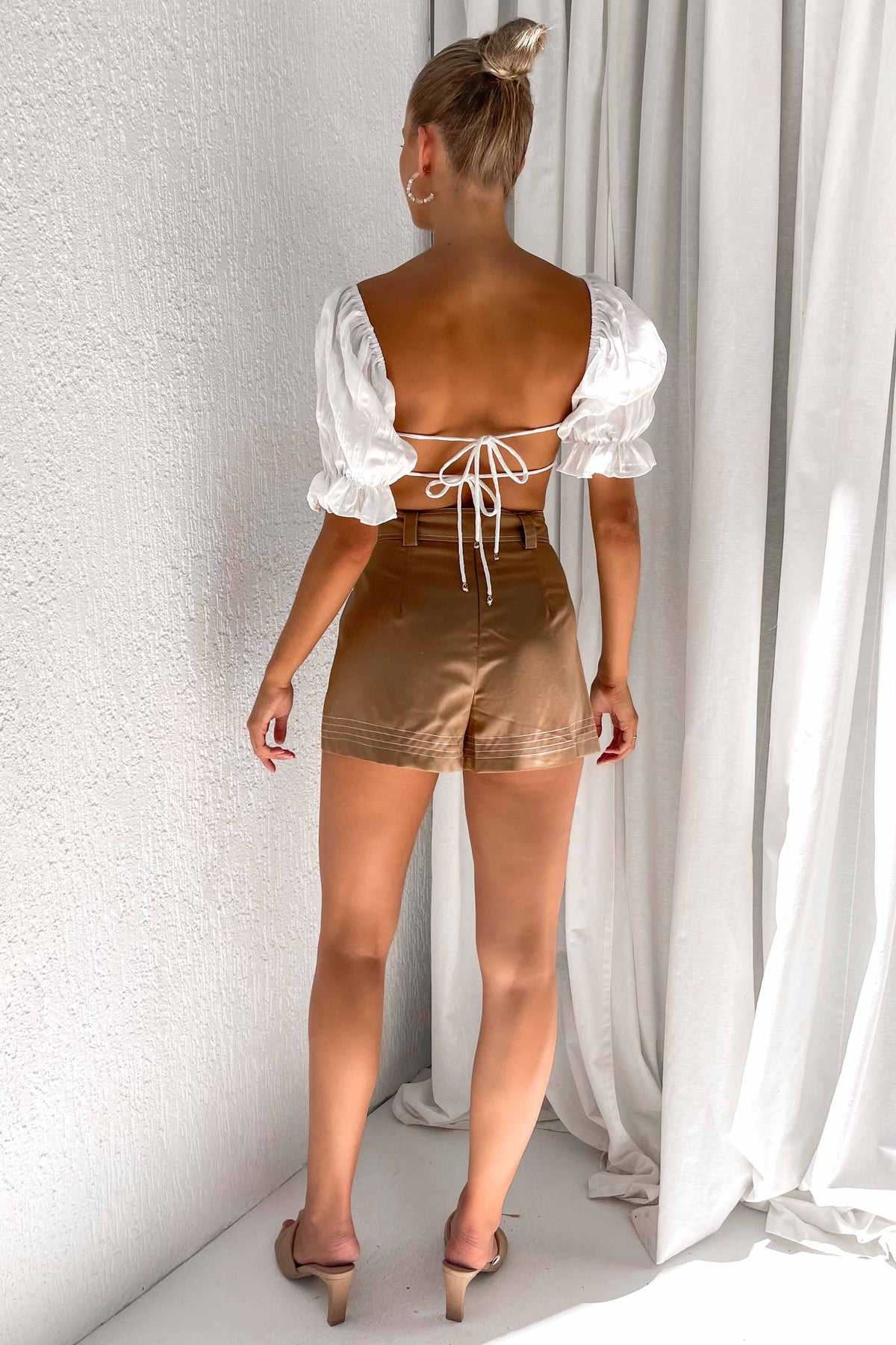 Luvella Shorts, ACCESSORIES, BELT, BELTS, BOTTOMS, BROWN, HIGH WAISTED, HIGH WAISTED SHORTS, new arrivals, POLYESTER &amp; RAYON, POLYESTER AND RAYON, RAYON AND POLYESTER, SHORTS, , -MISHKAH