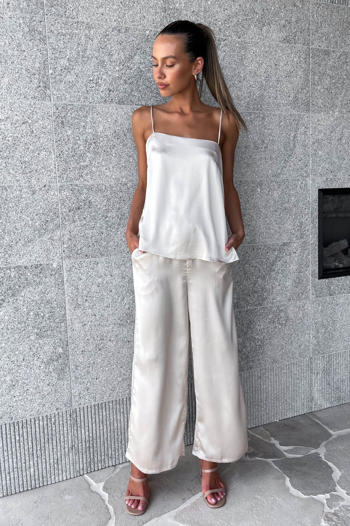 Luxe Pants, BEIGE, BOTTOMS, HIGH WAISTED, HIGH WAISTED PANTS, new arrivals, PANTS, POLYESTER, , -MISHKAH