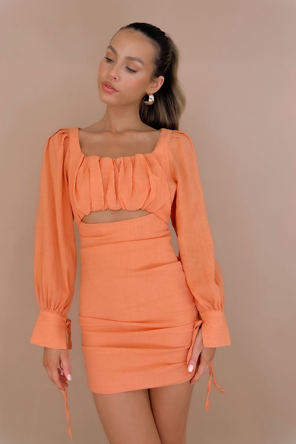 Mailene Dress, BODYCON, DRESS, DRESSES, LONG SLEEVE, MINI DRESS, new arrivals, NYLON AND RAYON, ORANGE, RAYON &amp; NYLON, RAYON AND NYLON, , -MISHKAH