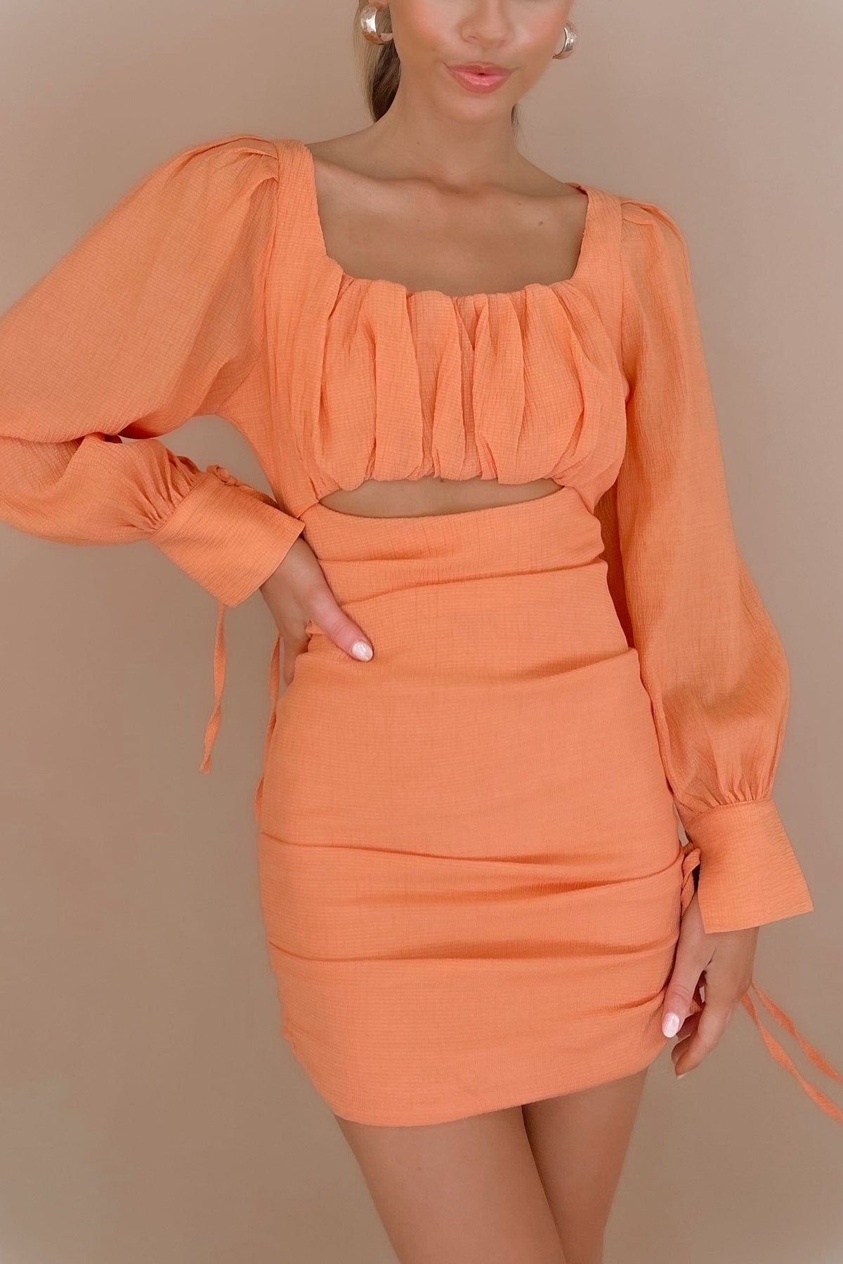 Mailene Dress, BODYCON, DRESS, DRESSES, LONG SLEEVE, MINI DRESS, new arrivals, NYLON AND RAYON, ORANGE, RAYON &amp; NYLON, RAYON AND NYLON, , -MISHKAH