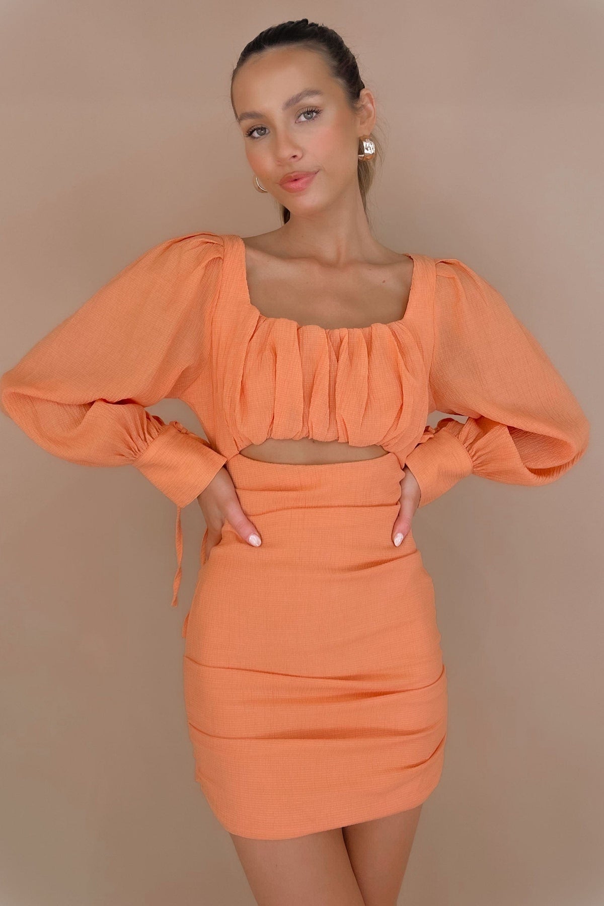 Mailene Dress, BODYCON, DRESS, DRESSES, LONG SLEEVE, MINI DRESS, new arrivals, NYLON AND RAYON, ORANGE, RAYON &amp; NYLON, RAYON AND NYLON, , -MISHKAH