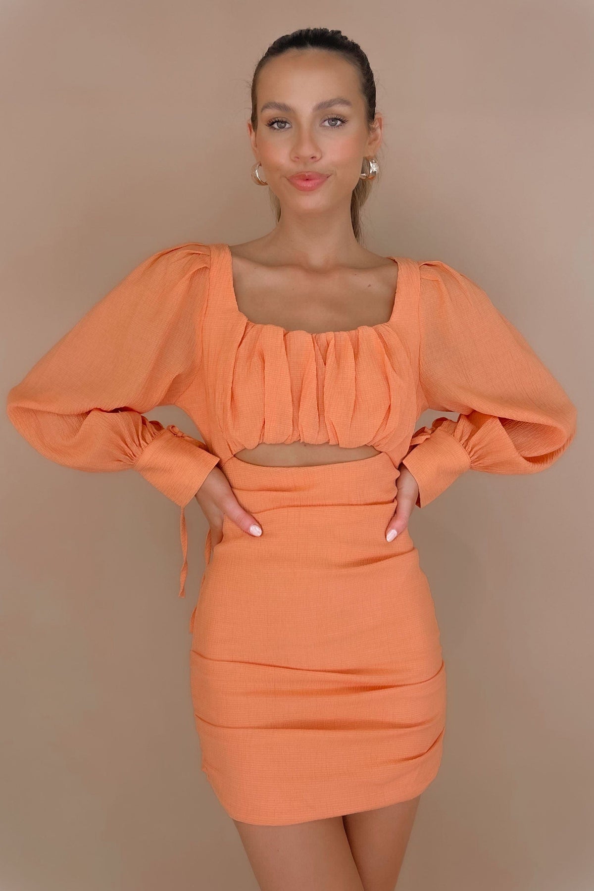 Mailene Dress, BODYCON, DRESS, DRESSES, LONG SLEEVE, MINI DRESS, new arrivals, NYLON AND RAYON, ORANGE, RAYON &amp; NYLON, RAYON AND NYLON, , -MISHKAH