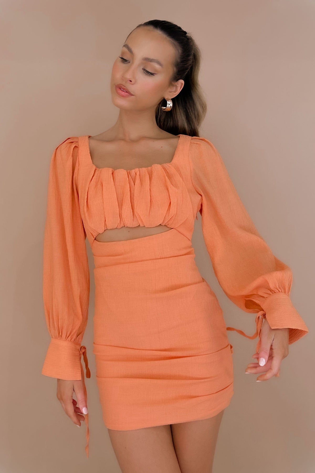 Mailene Dress, BODYCON, DRESS, DRESSES, LONG SLEEVE, MINI DRESS, new arrivals, NYLON AND RAYON, ORANGE, RAYON &amp; NYLON, RAYON AND NYLON, , -MISHKAH