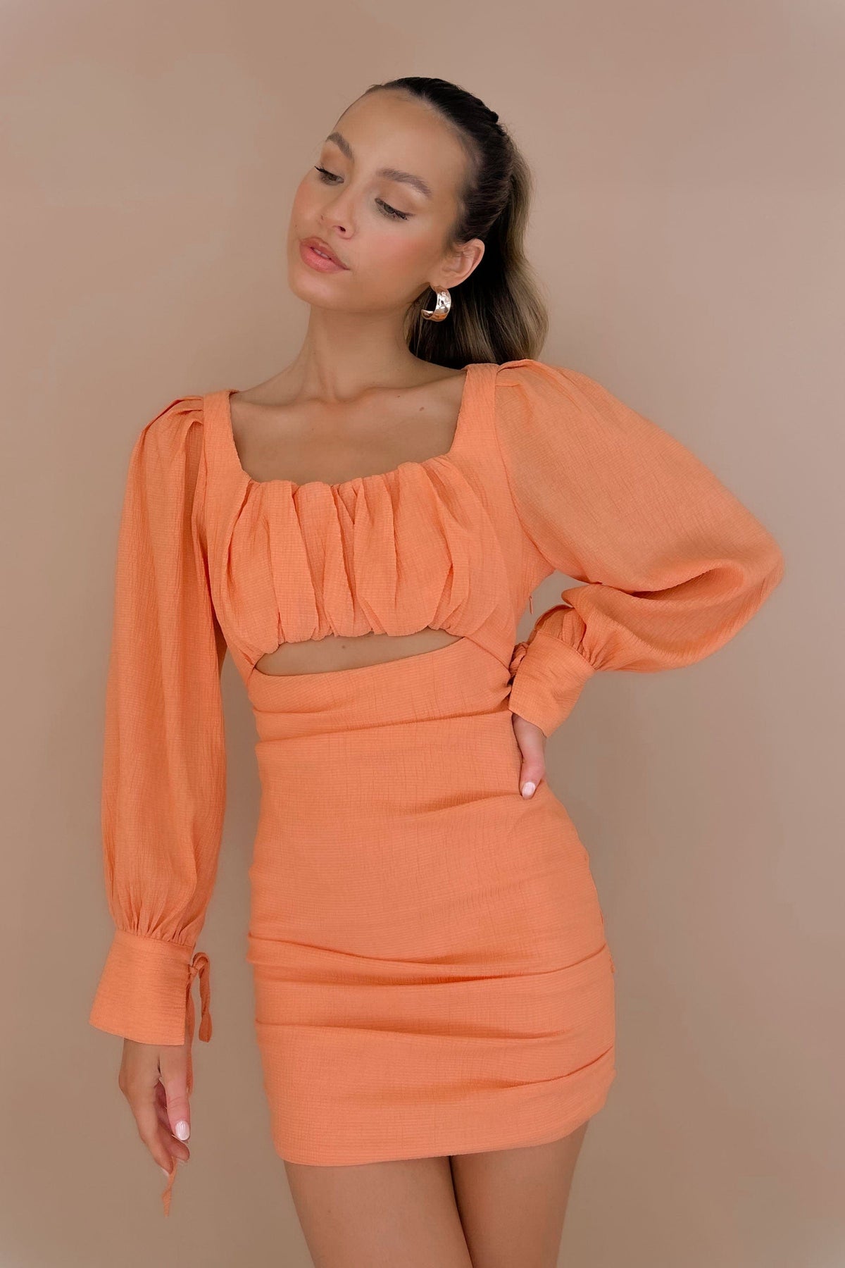 Mailene Dress, BODYCON, DRESS, DRESSES, LONG SLEEVE, MINI DRESS, new arrivals, NYLON AND RAYON, ORANGE, RAYON &amp; NYLON, RAYON AND NYLON, , -MISHKAH