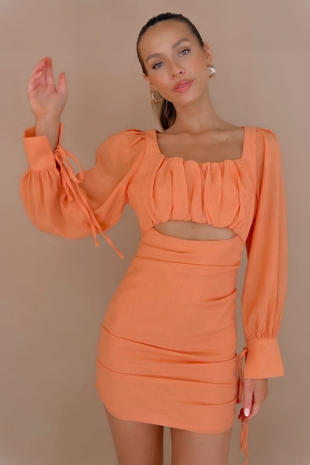 Mailene Dress, BODYCON, DRESS, DRESSES, LONG SLEEVE, MINI DRESS, new arrivals, NYLON AND RAYON, ORANGE, RAYON &amp; NYLON, RAYON AND NYLON, , -MISHKAH