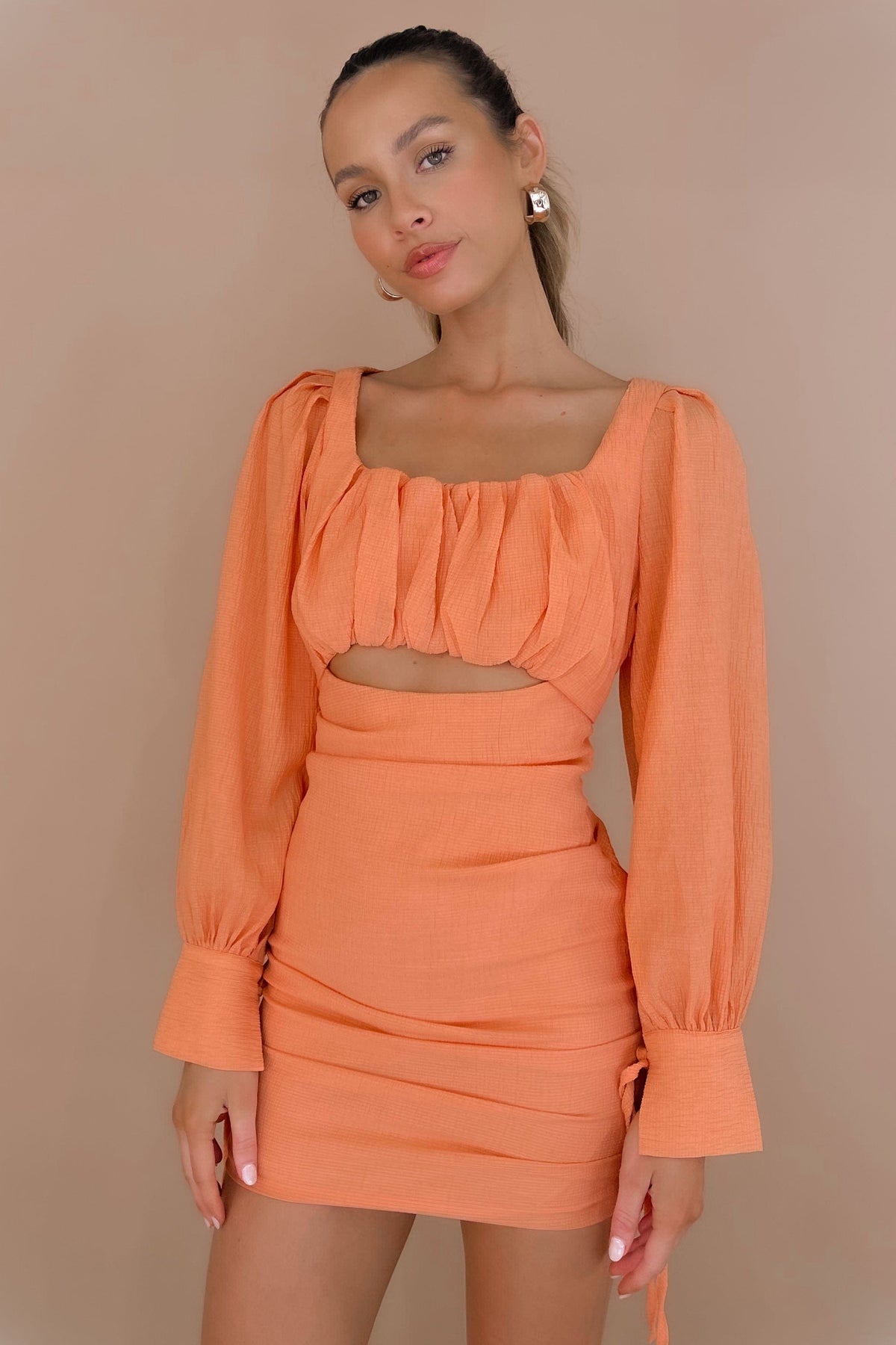 Mailene Dress, BODYCON, DRESS, DRESSES, LONG SLEEVE, MINI DRESS, new arrivals, NYLON AND RAYON, ORANGE, RAYON &amp; NYLON, RAYON AND NYLON, , -MISHKAH