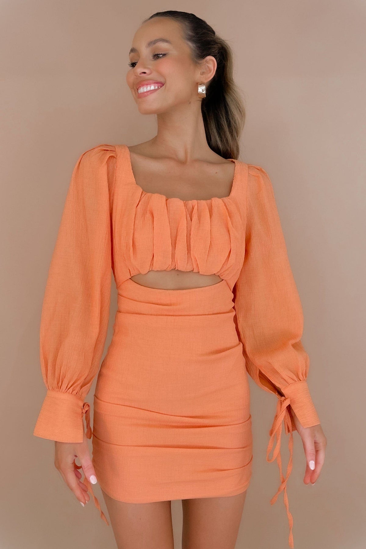 Mailene Dress, BODYCON, DRESS, DRESSES, LONG SLEEVE, MINI DRESS, new arrivals, NYLON AND RAYON, ORANGE, RAYON &amp; NYLON, RAYON AND NYLON, , -MISHKAH