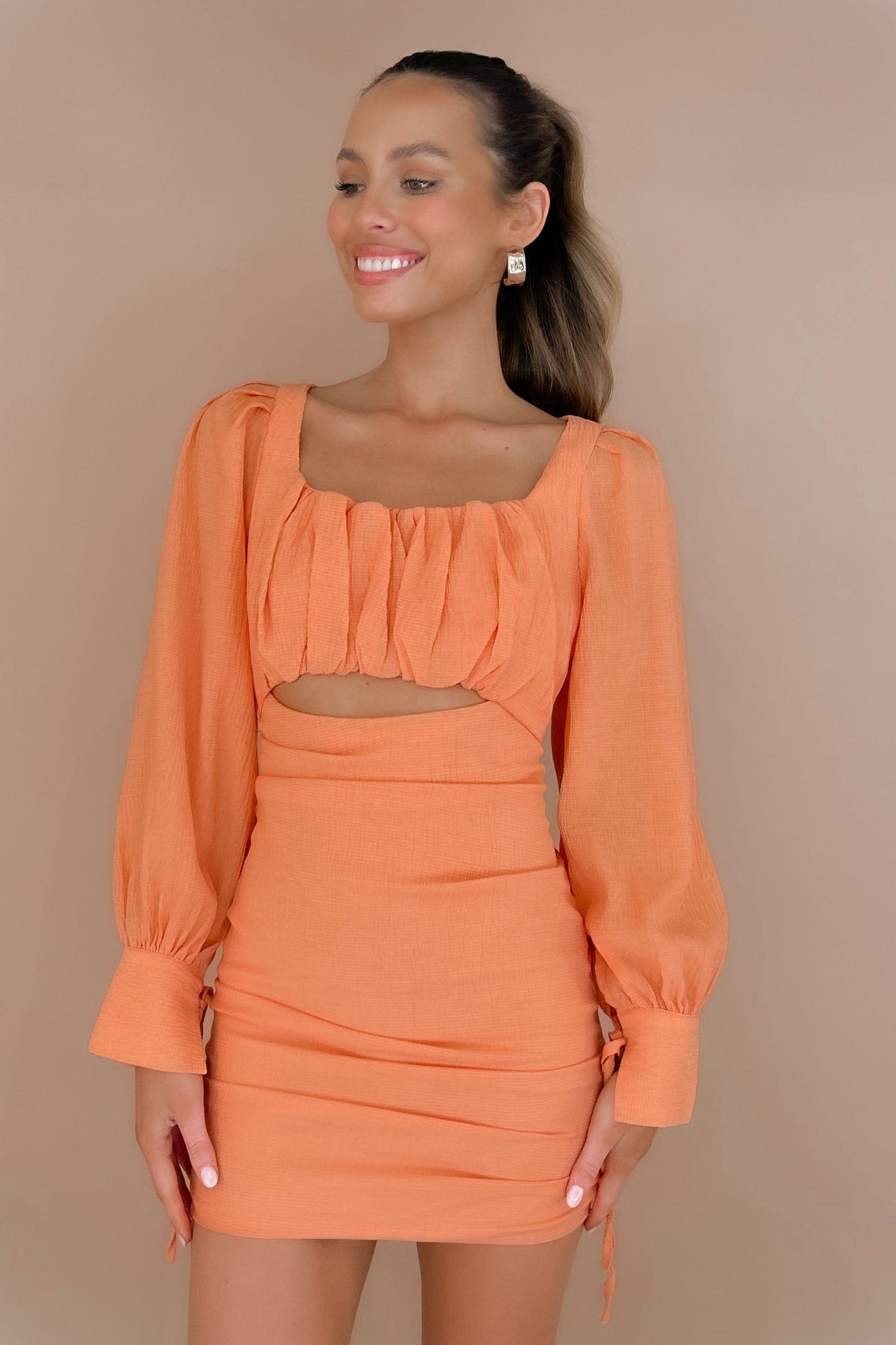 Mailene Dress, BODYCON, DRESS, DRESSES, LONG SLEEVE, MINI DRESS, new arrivals, NYLON AND RAYON, ORANGE, RAYON &amp; NYLON, RAYON AND NYLON, , -MISHKAH