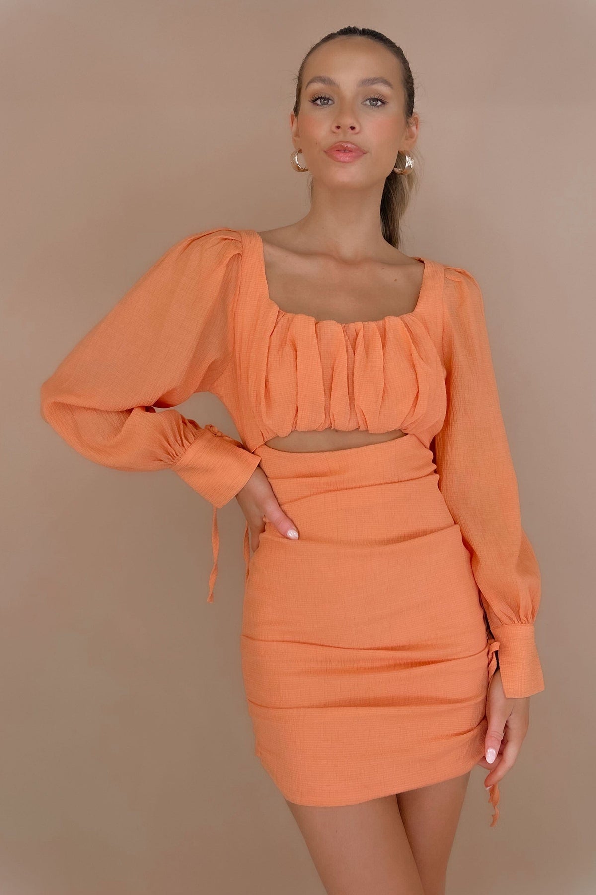 Mailene Dress, BODYCON, DRESS, DRESSES, LONG SLEEVE, MINI DRESS, new arrivals, NYLON AND RAYON, ORANGE, RAYON &amp; NYLON, RAYON AND NYLON, , -MISHKAH