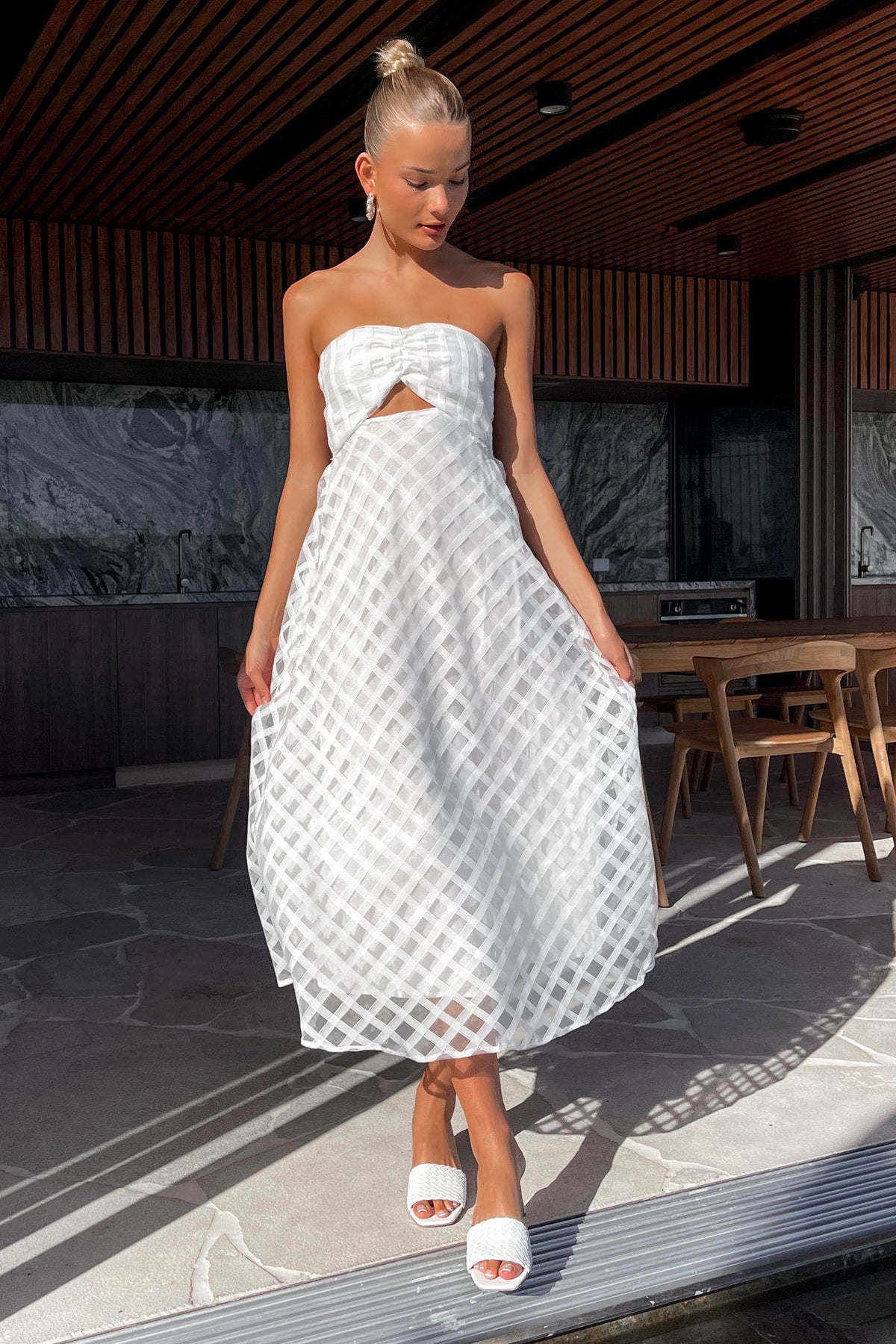 Majia Dress, DRESS, DRESSES, MIDI DRESS, new arrivals, POLYESTER &amp; RAYON, POLYESTER AND RAYON, RAYON AND POLYESTER, STRAPLESS, WHITE, , -MISHKAH