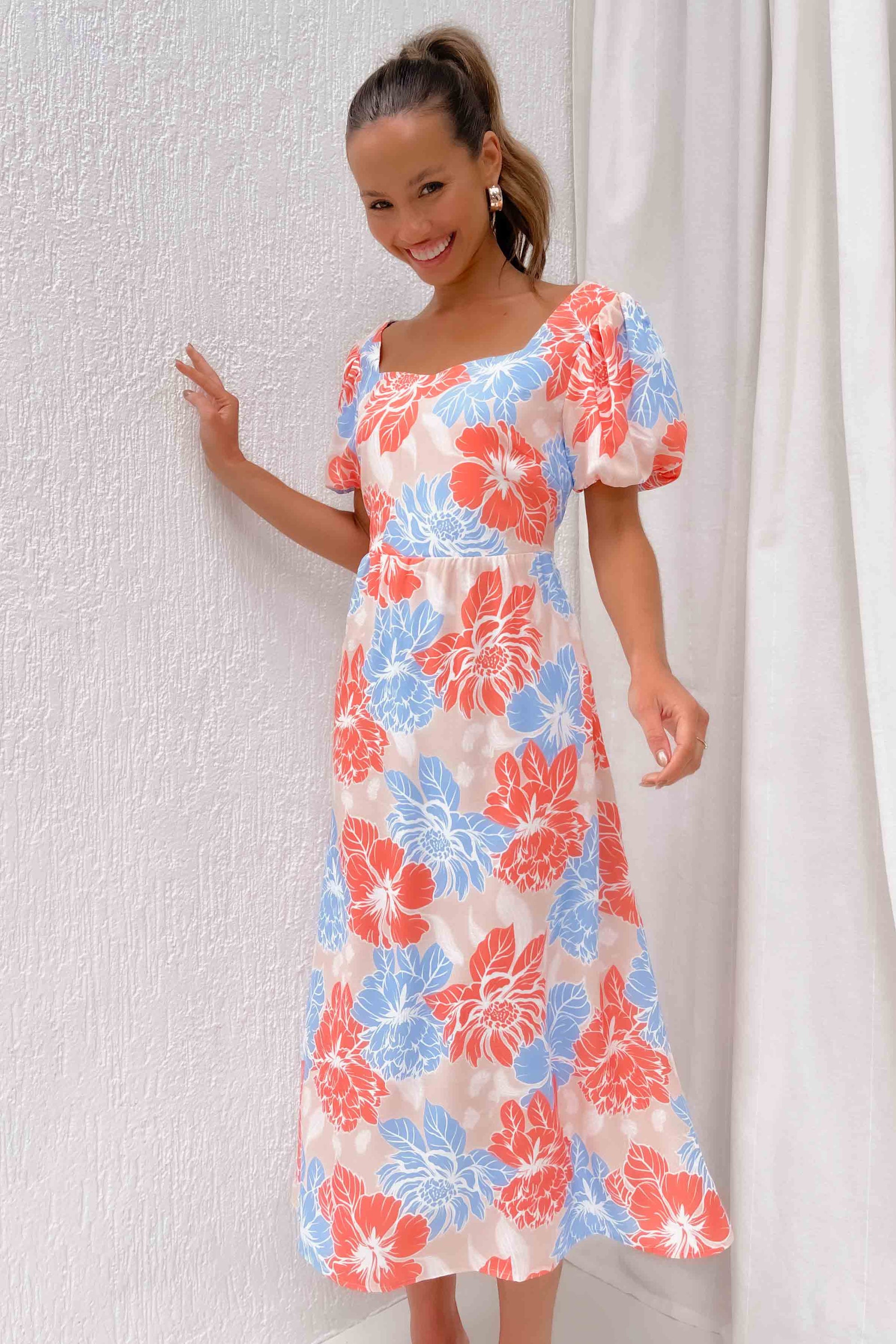 Maui Dress, BALLOON SLEEVE, BLUE, DRESS, DRESSES, FLORAL, MIDI DRESS, new arrivals, ORANGE, PRINT, Sale, Maui Dress only $63.00 @ MISHKAH ONLINE FASHION BOUTIQUE, Shop The Latest Women's Dresses - Our New Maui Dress is only $63.00, @ MISHKAH ONLINE FASHION BOUTIQUE-MISHKAH