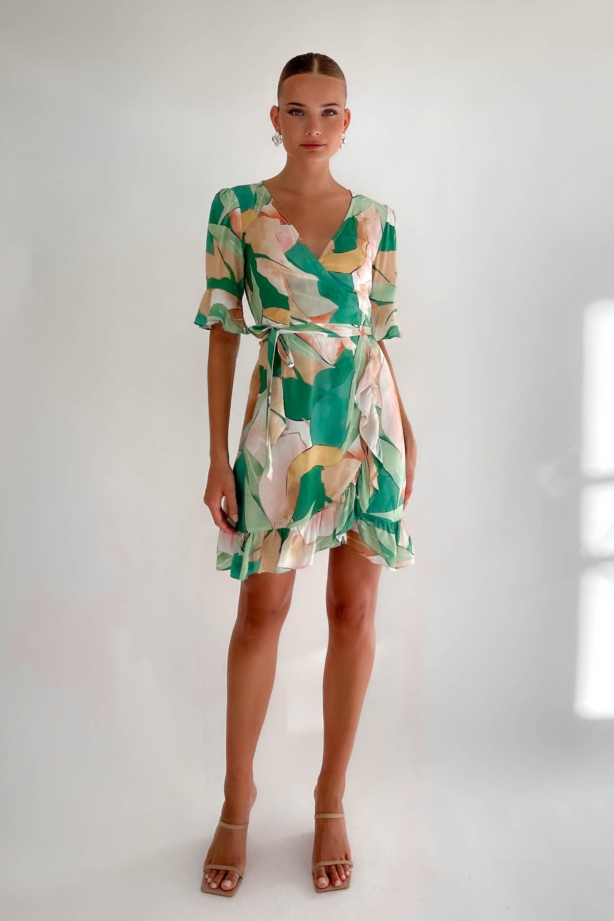 Mcleary Dress, DRESS, DRESSES, GREEN, MINI DRESS, new arrivals, RAYON, WRAP, WRAP DRESS, , -MISHKAH