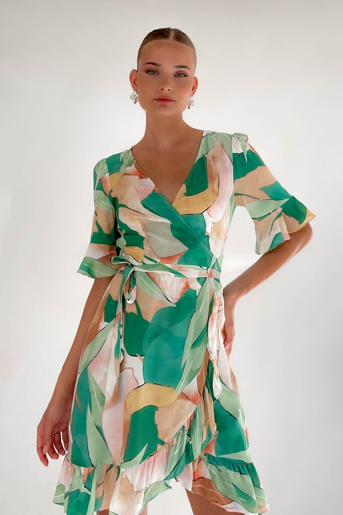 Mcleary Dress, DRESS, DRESSES, GREEN, MINI DRESS, new arrivals, RAYON, WRAP, WRAP DRESS, , -MISHKAH