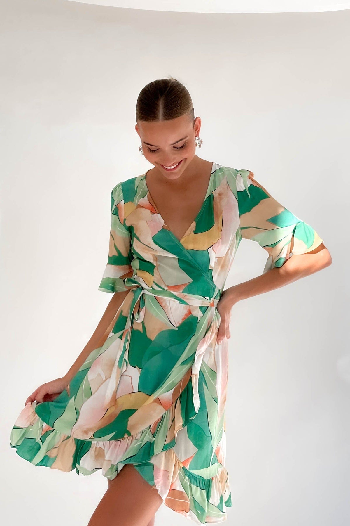 Mcleary Dress, DRESS, DRESSES, GREEN, MINI DRESS, new arrivals, RAYON, WRAP, WRAP DRESS, , -MISHKAH