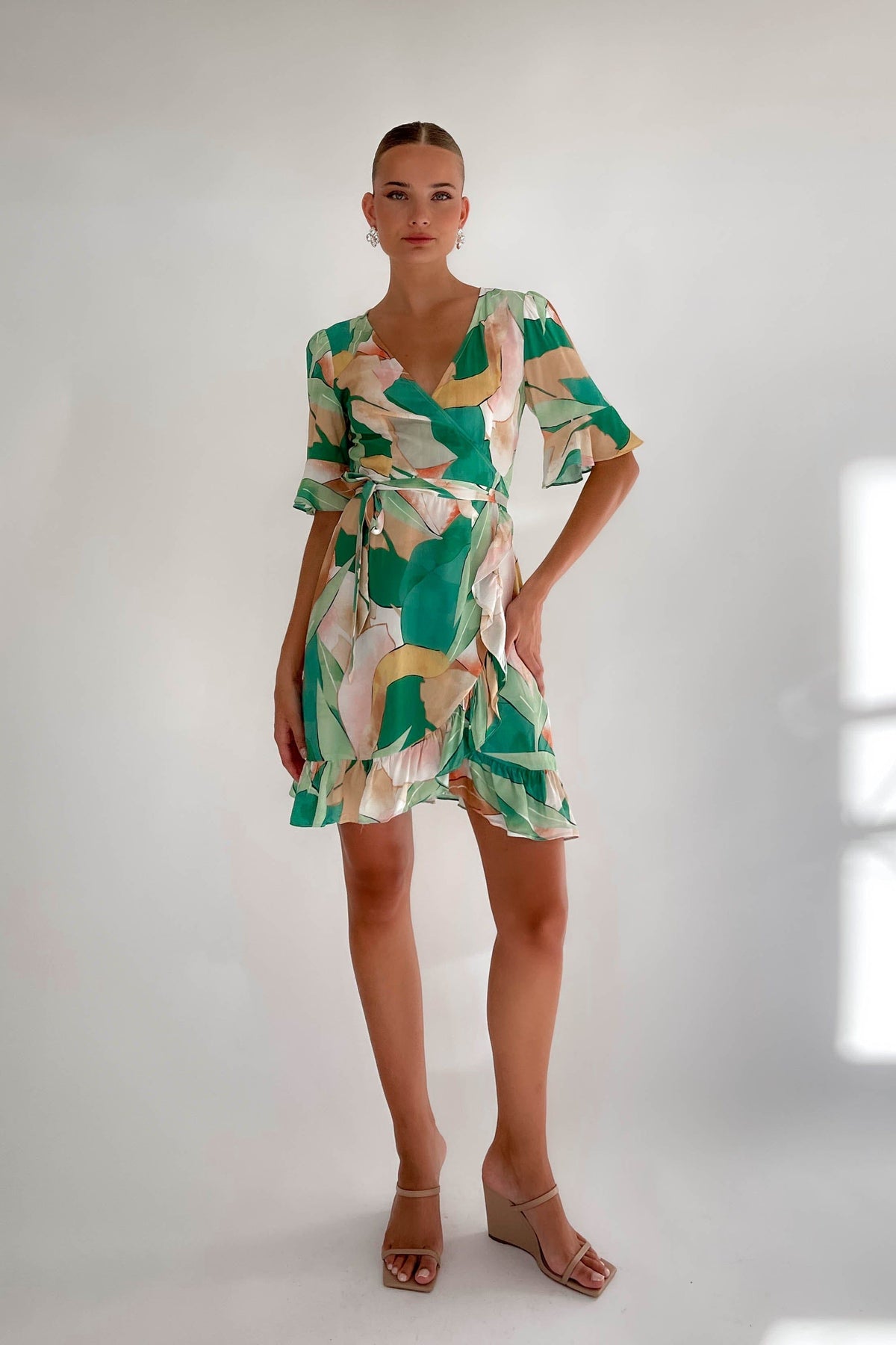 Mcleary Dress, DRESS, DRESSES, GREEN, MINI DRESS, new arrivals, RAYON, WRAP, WRAP DRESS, , -MISHKAH